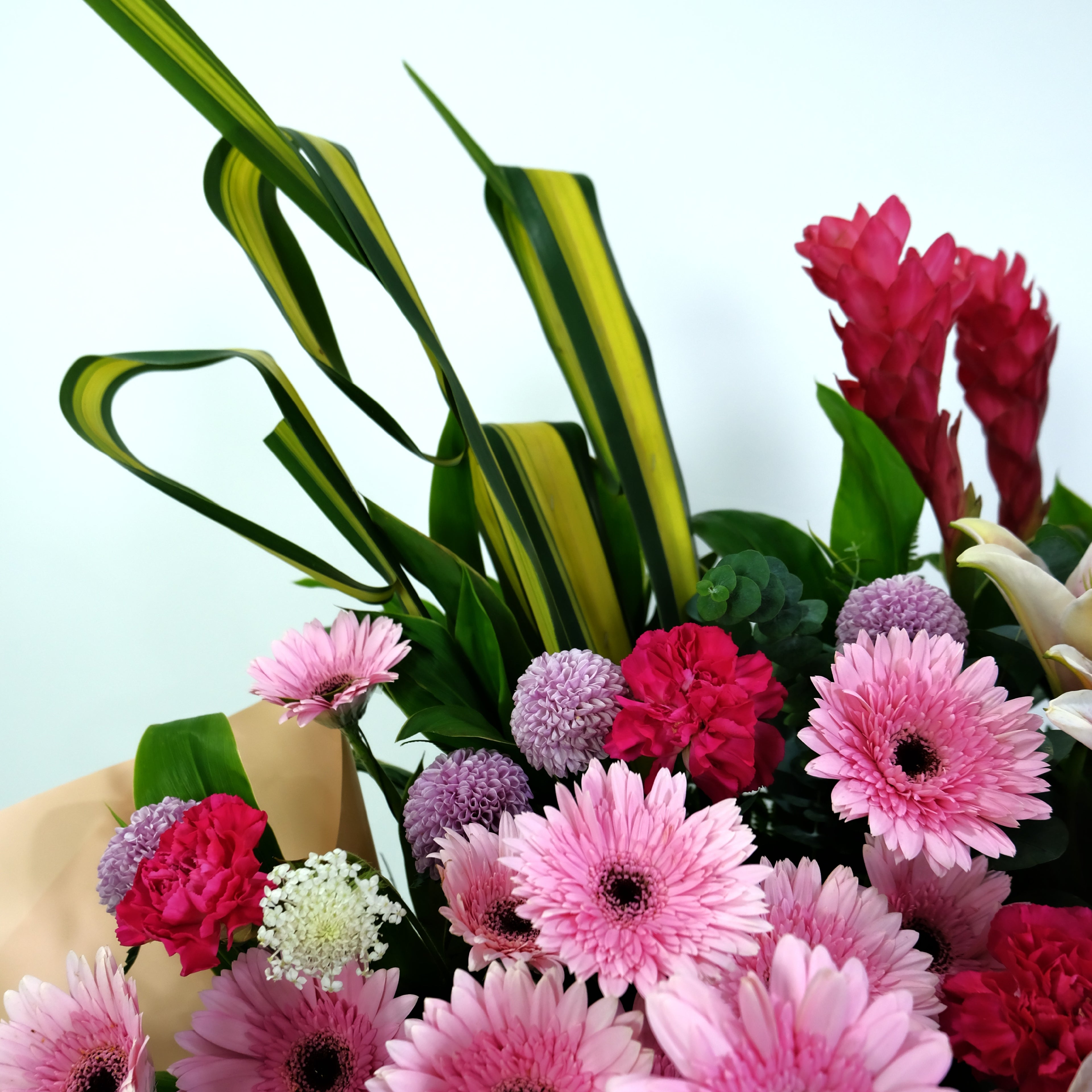 Bouquet of colorful flowers including pink gerberas and red roses on a light background