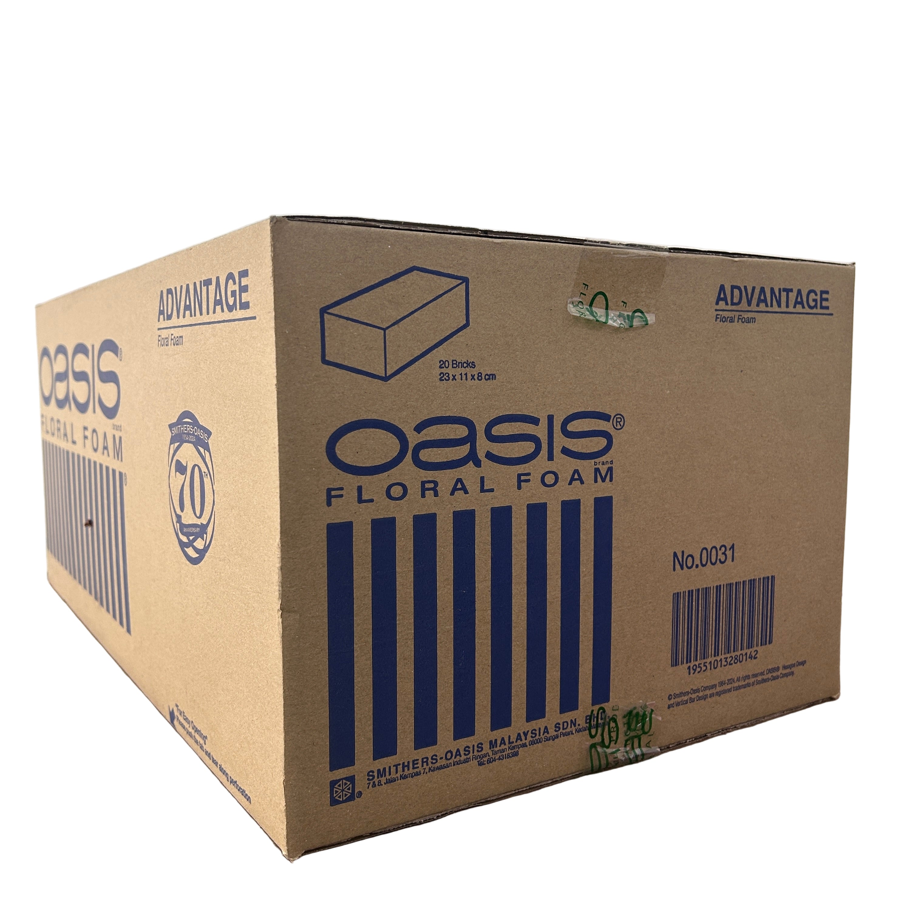Cardboard box of Oasis Floral Foam on a plain background