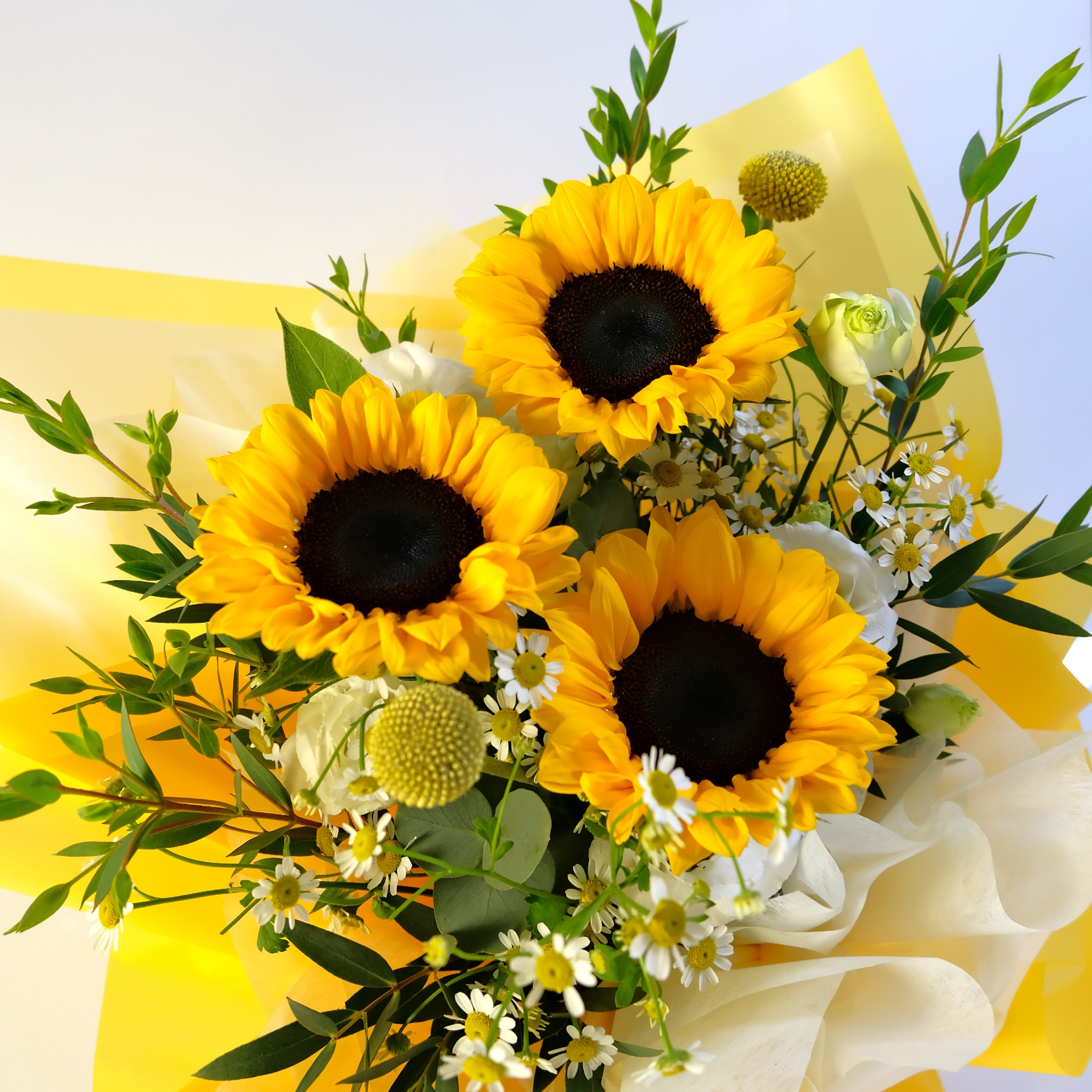 Bouquet of sunflowers and other flowers with a yellow ribbon against a light blue background