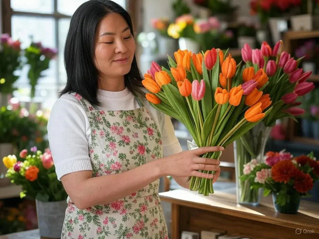 Florist holding bouquet of orange and pink tulips in flower shop