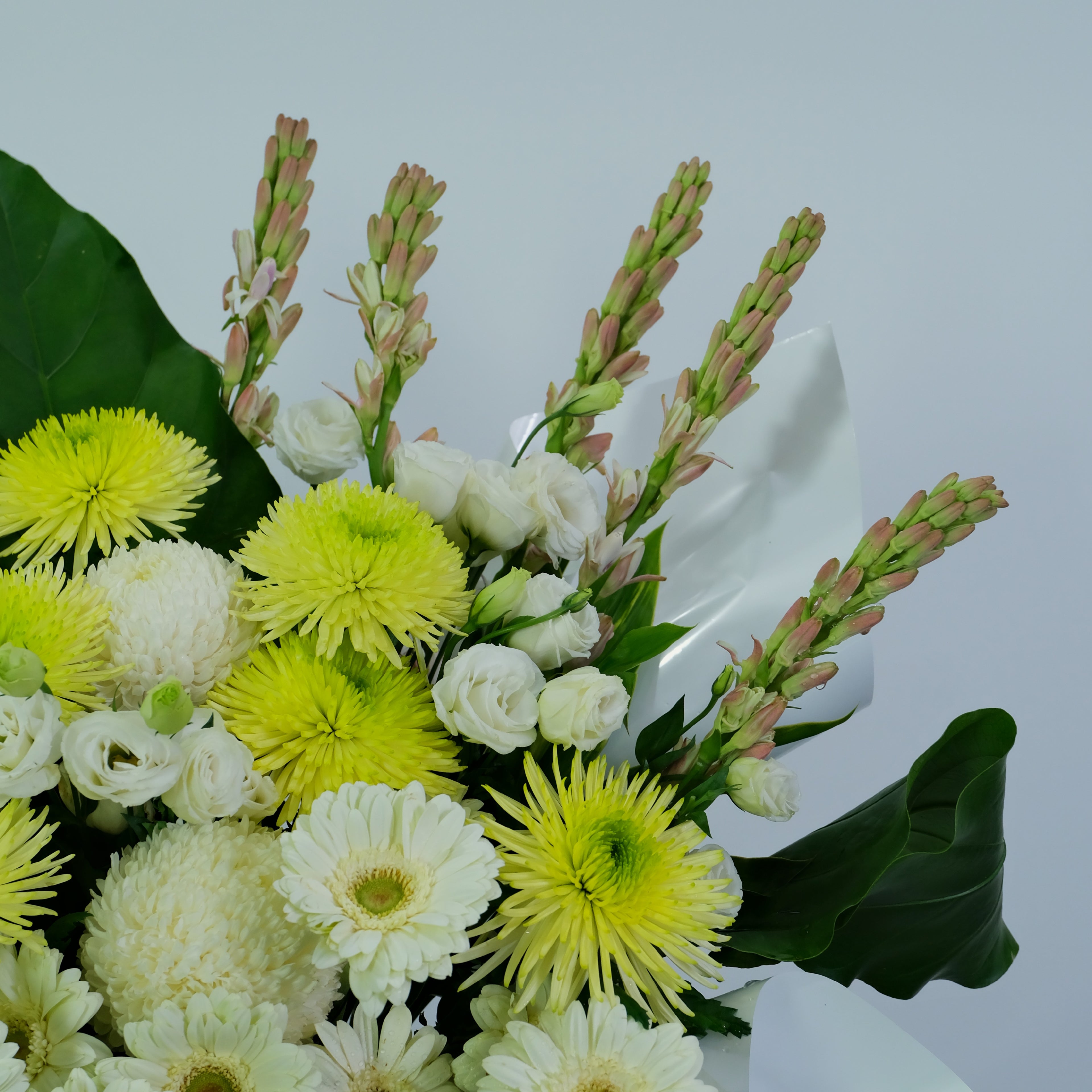 Condolence flower stand with a light gray background