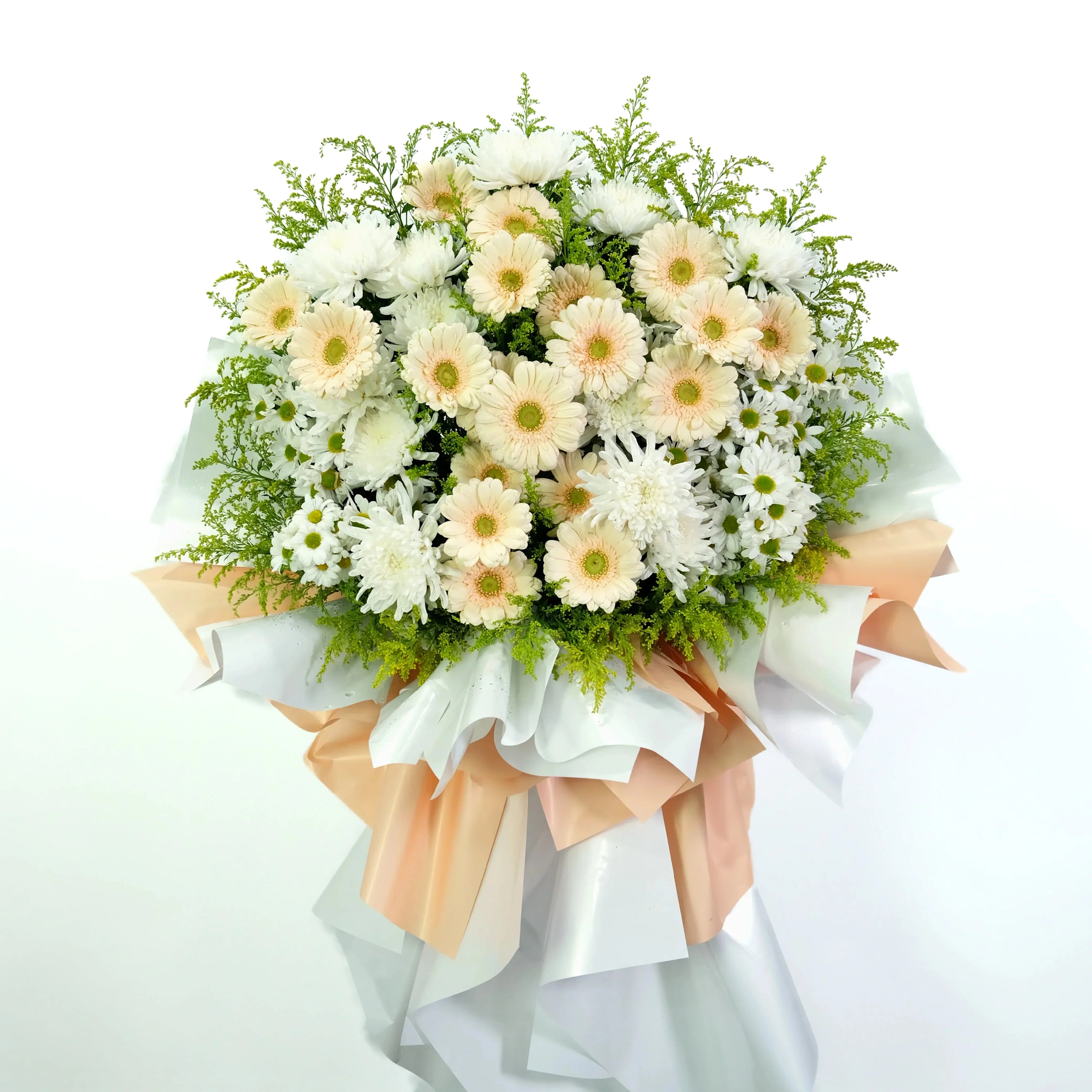 Bouquet of flowers with white and beige flowers and green leaves on a white background