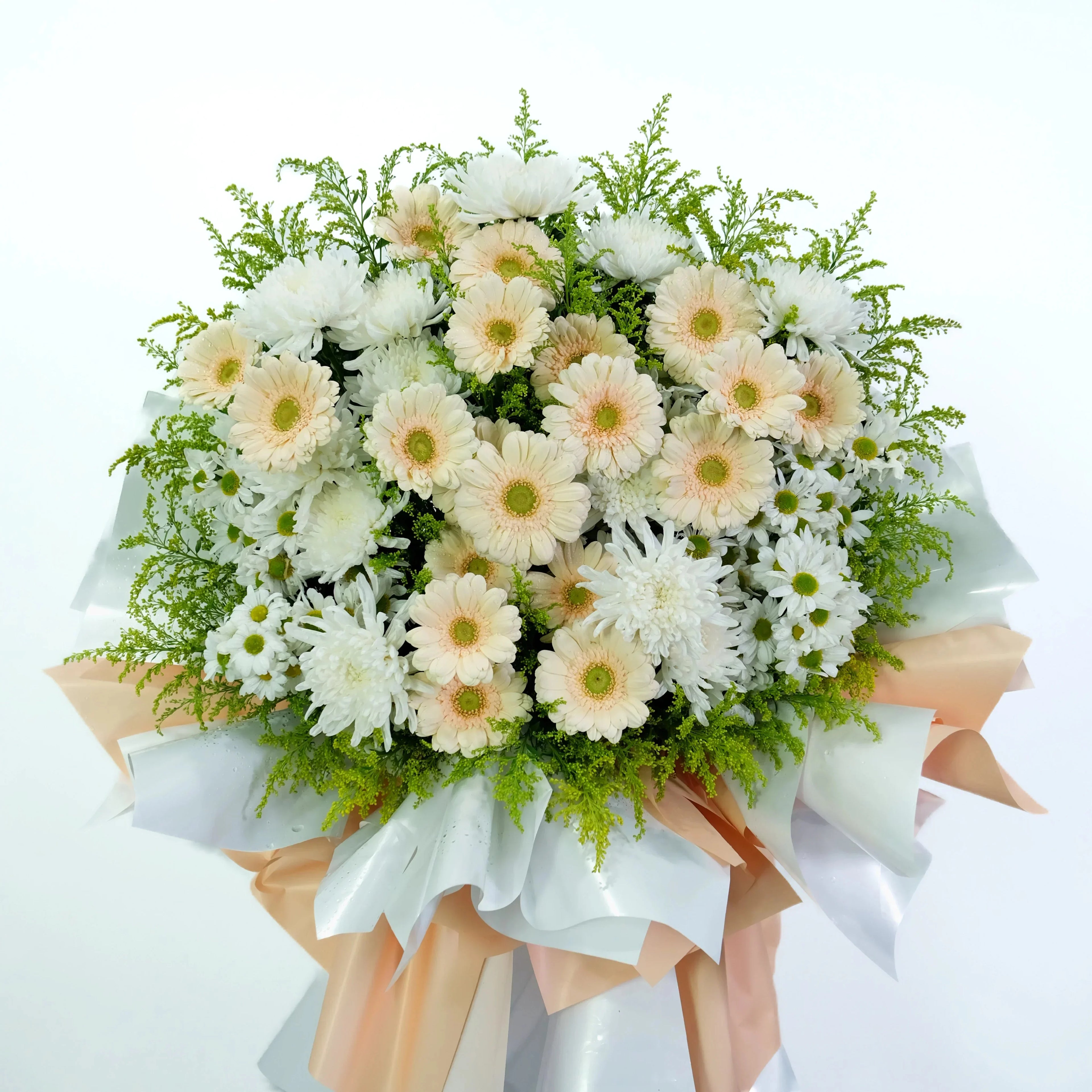 Bouquet of flowers with white and peach-colored flowers on a white background