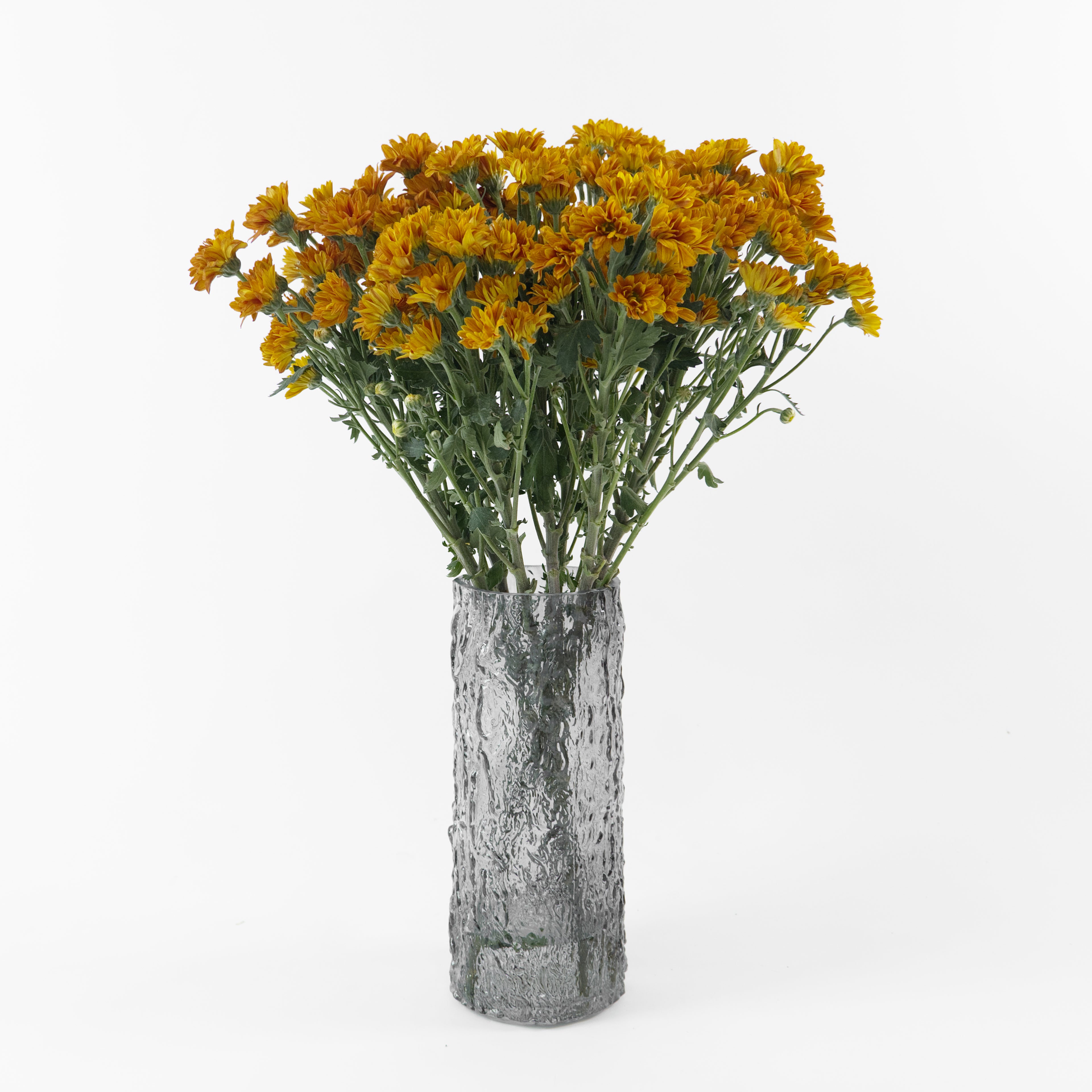 Bundles of wholesale orange spray chrysanthemums kept in clean water containers inside a floral cold storage room in Kuala Lumpur.