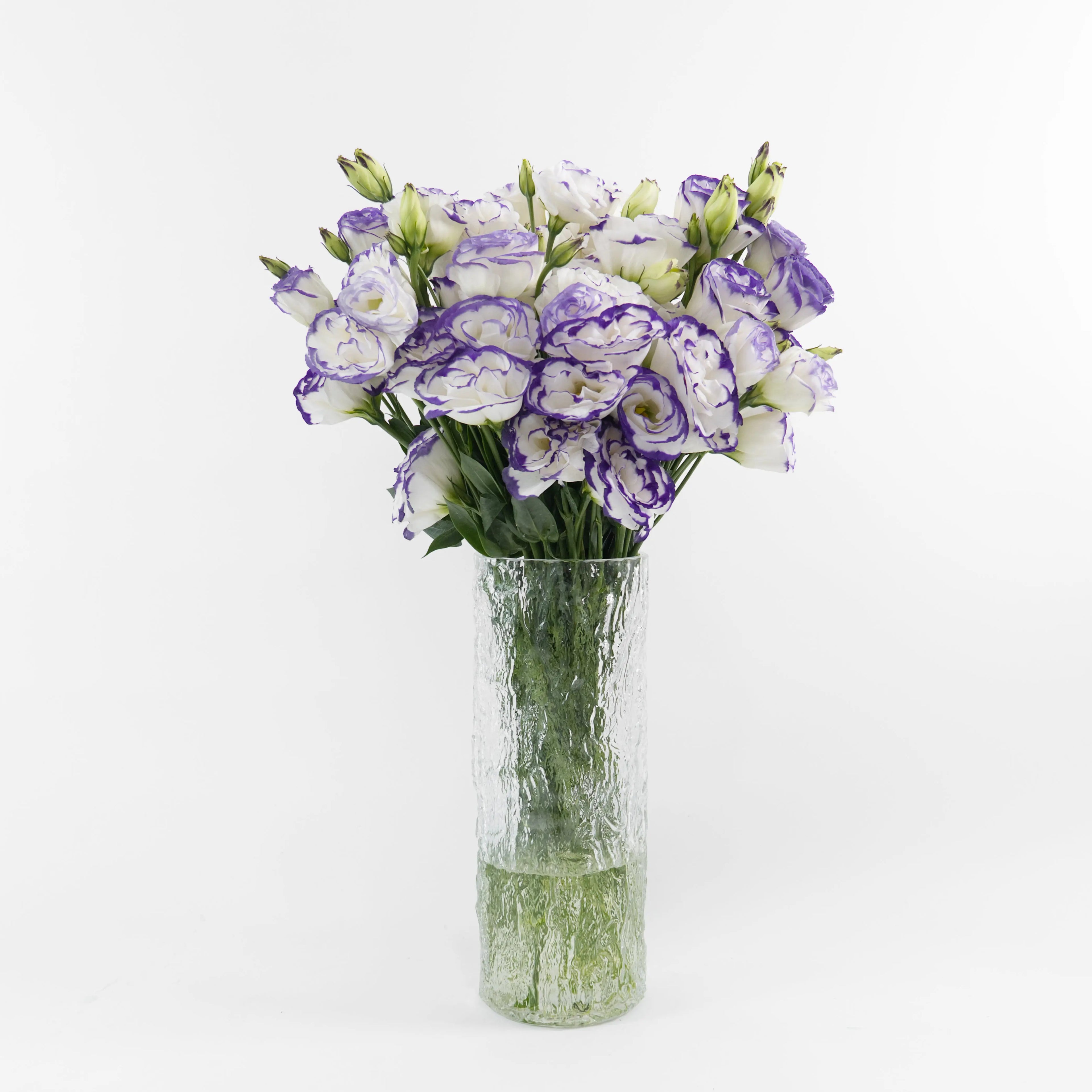 Bundles of wholesale purple-white Lisianthus flowers standing in clean water containers inside a floral cold storage facility in Kuala Lumpur.