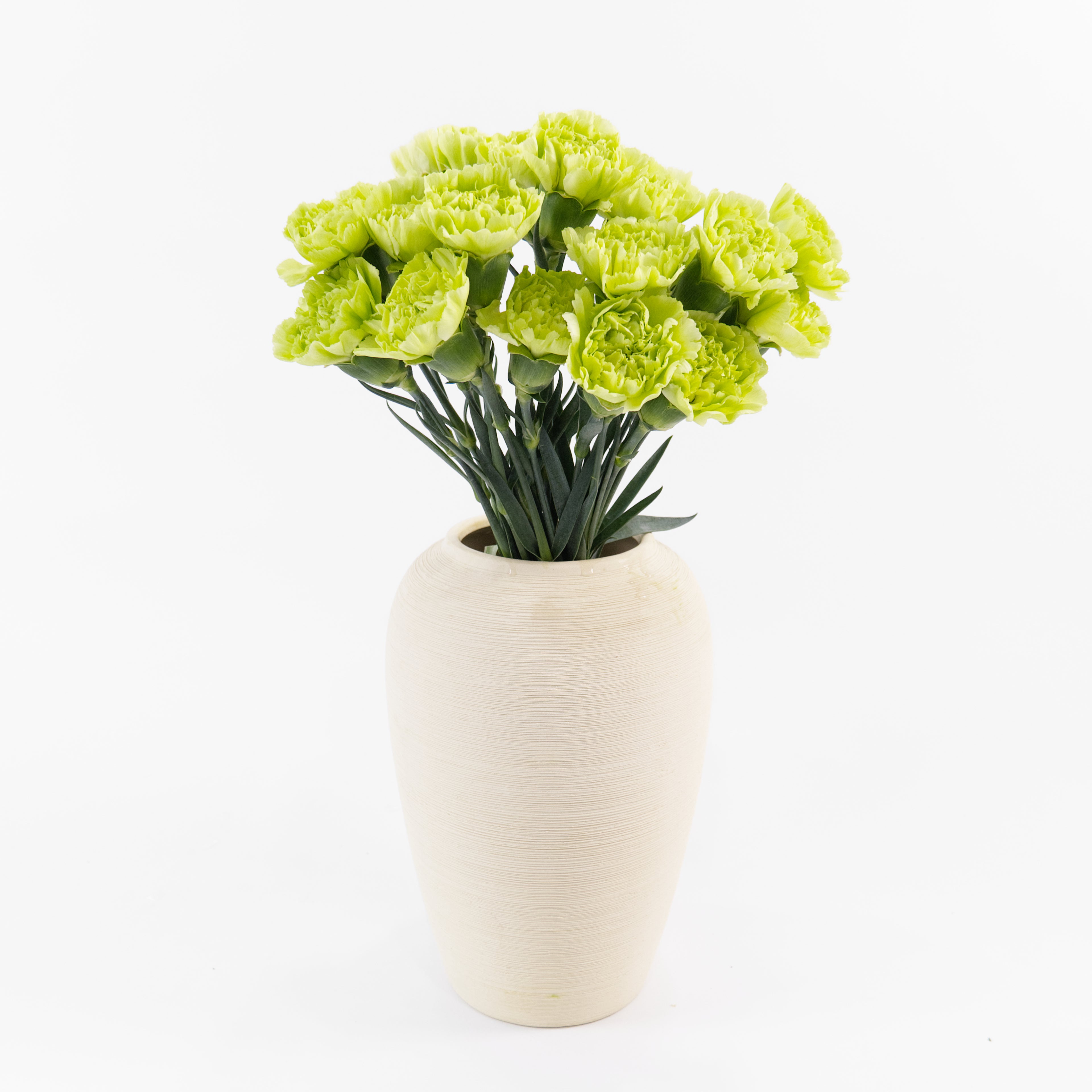 Bundles of imported China Green carnations standing in clean water buckets inside a floral cold storage room in Kuala Lumpur.