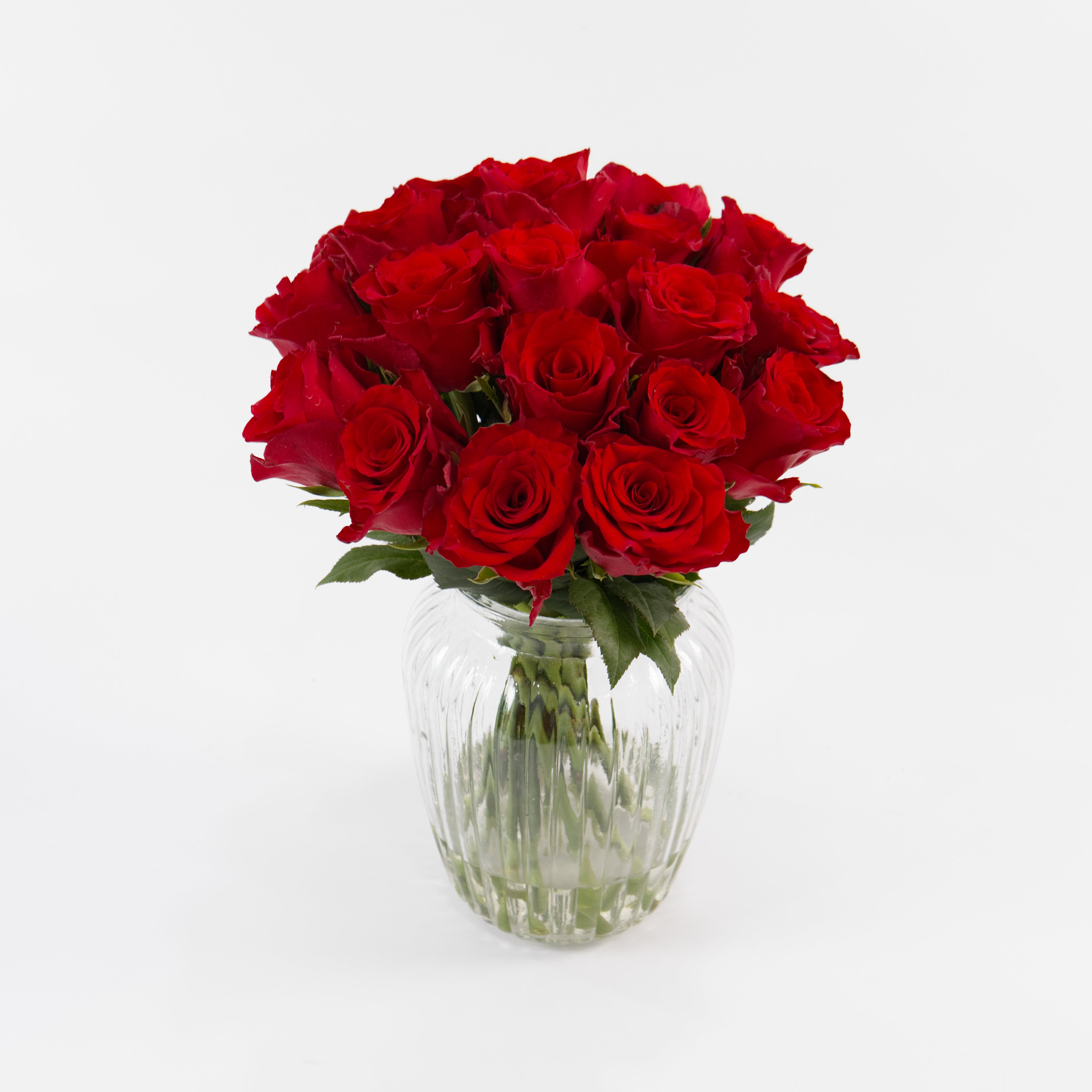 Bundles of Chili Red roses kept in clean water containers inside a floral cold storage room in Kuala Lumpur.