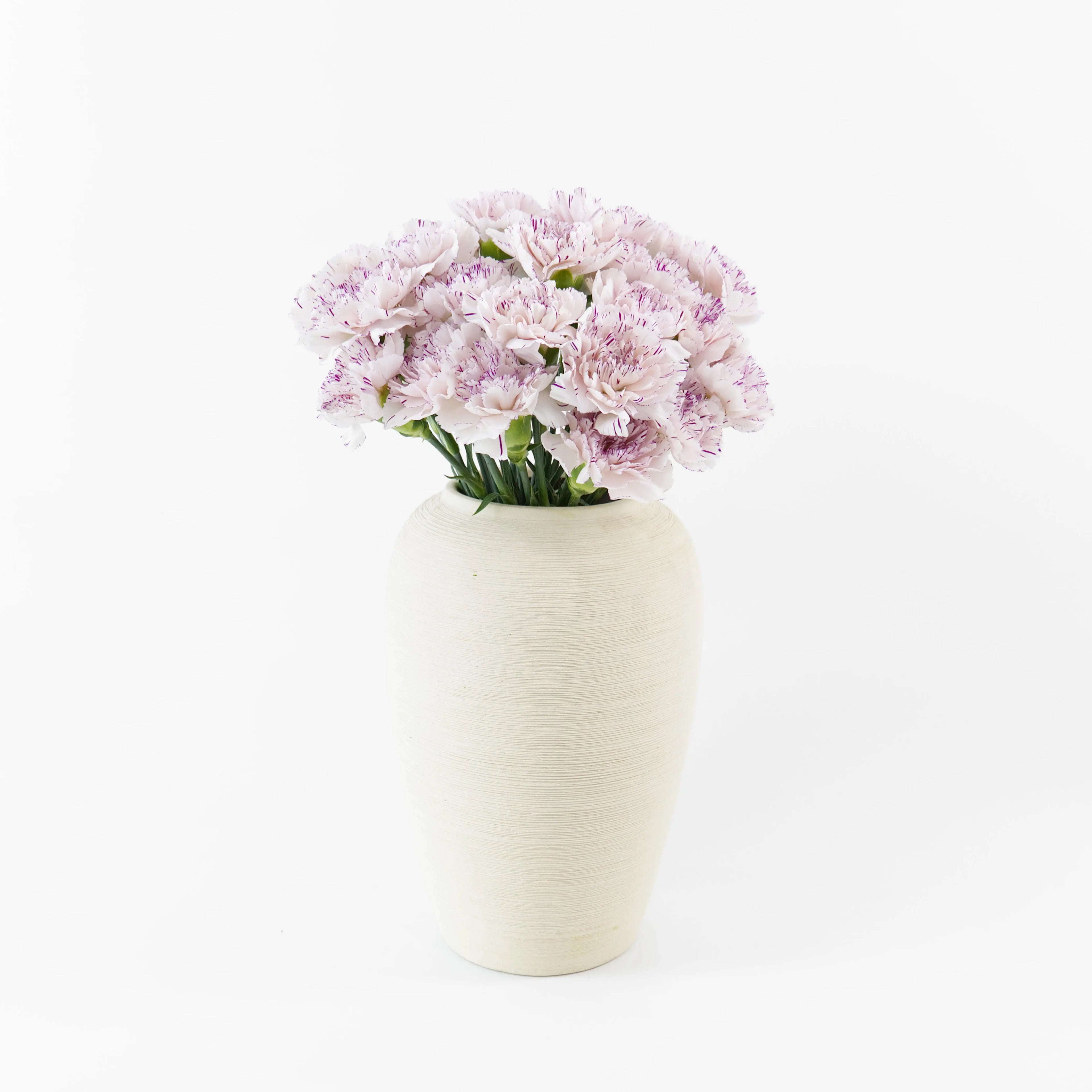 Bundles of Purple Fragrance carnations in clean water buckets inside a floral cold storage room in Kuala Lumpur.