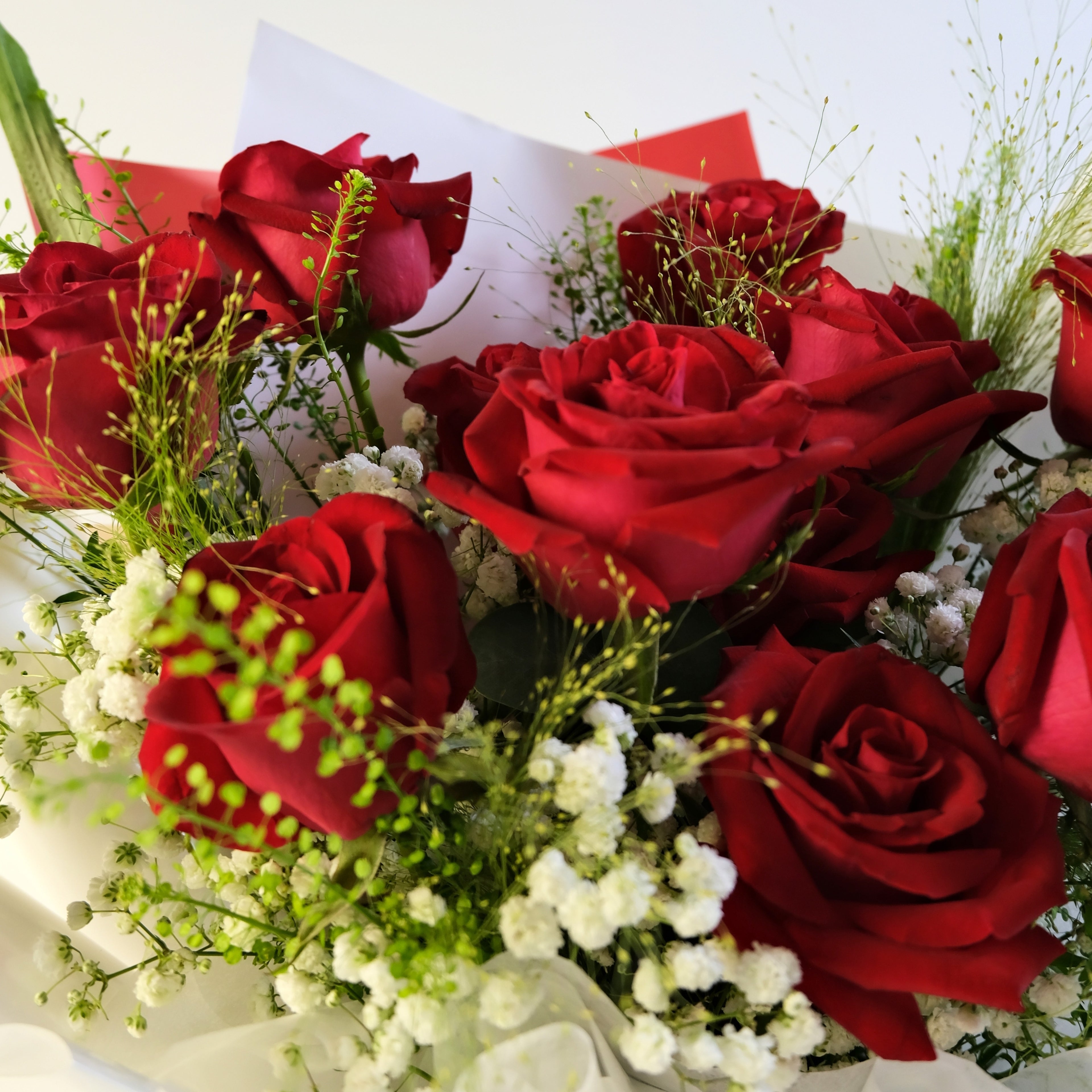 Bouquet of red roses with white baby's breath and a card in the background