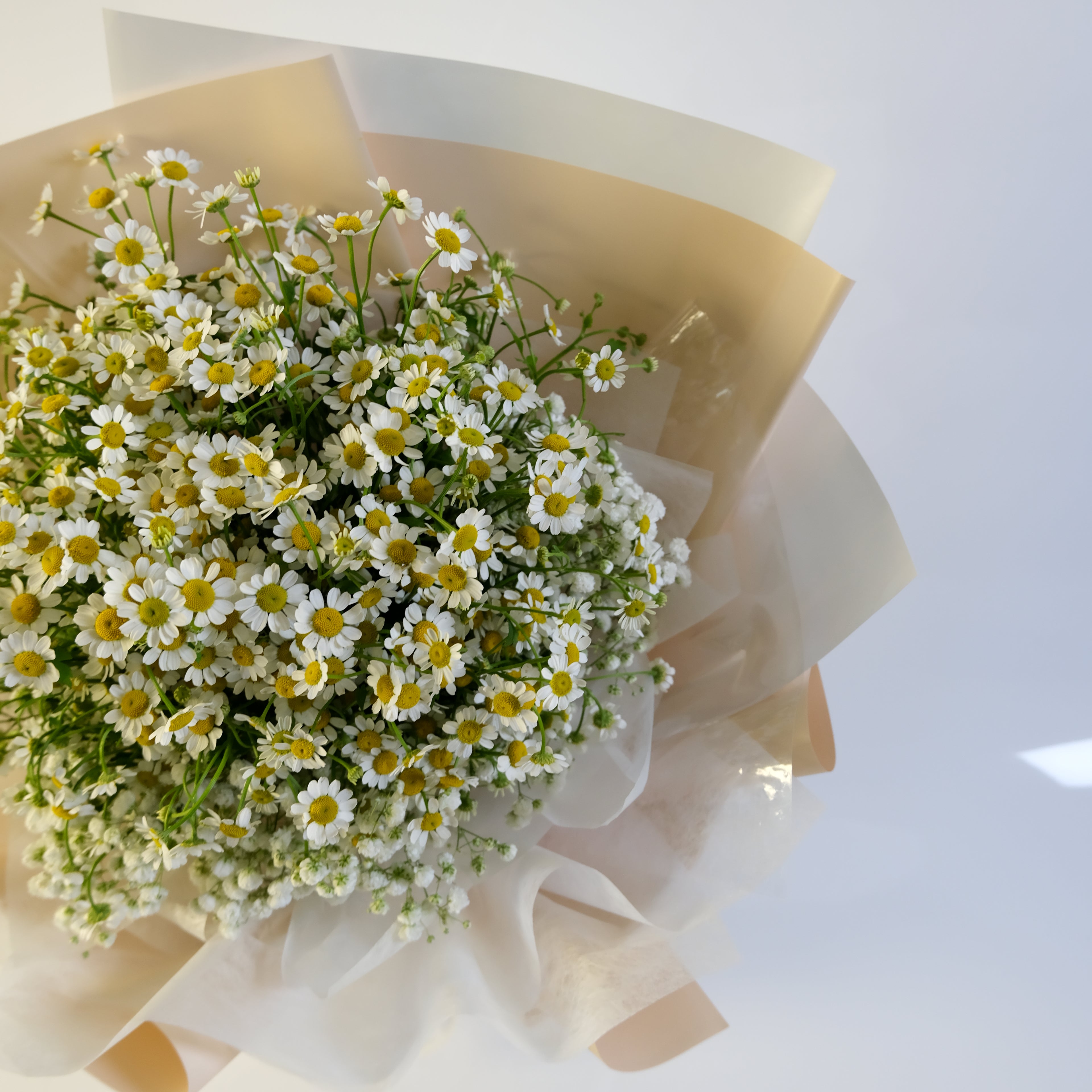Bouquet of white and yellow flowers wrapped in beige paper on a light gray background
