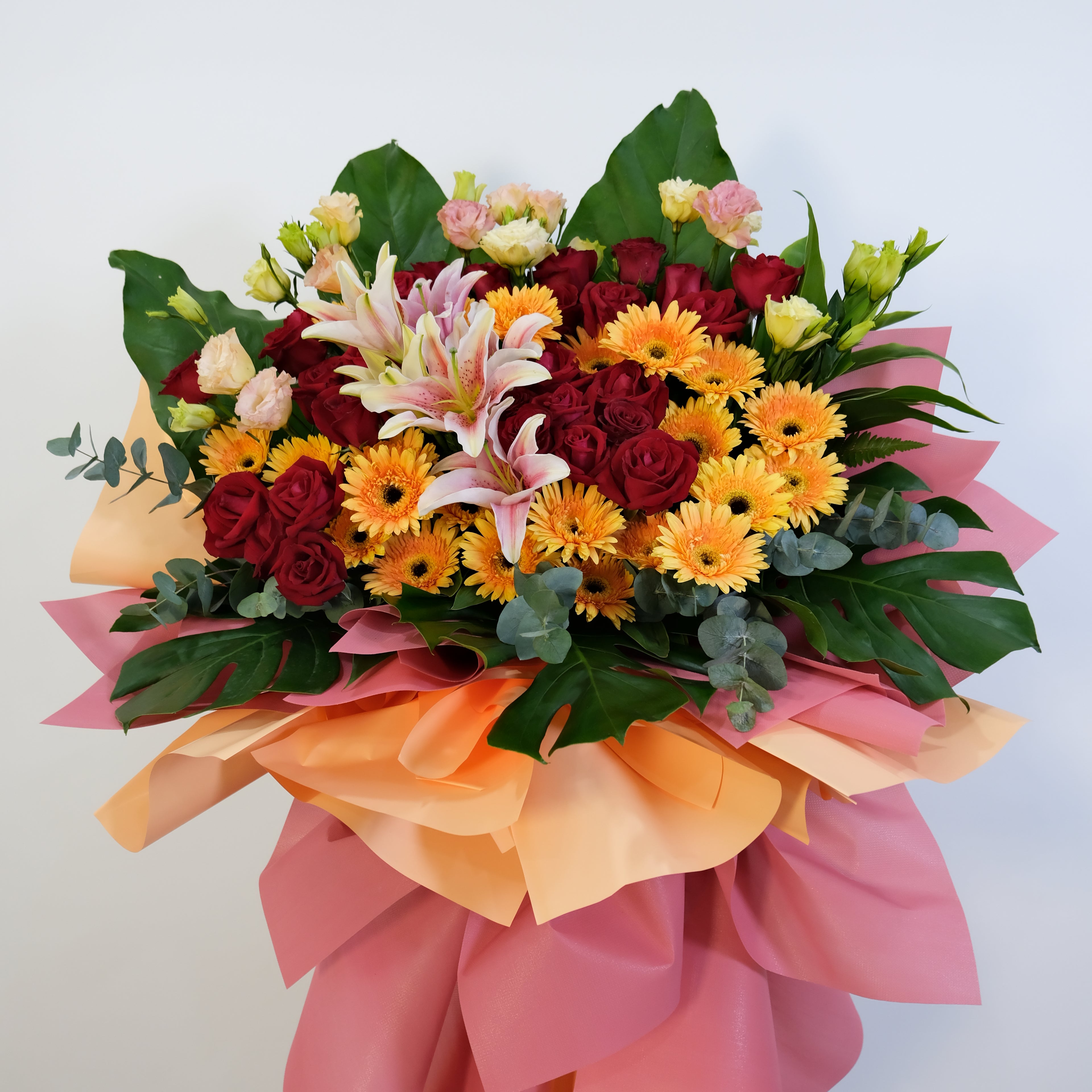 grand opening flower stand of flowers with colorful ribbons on a light background