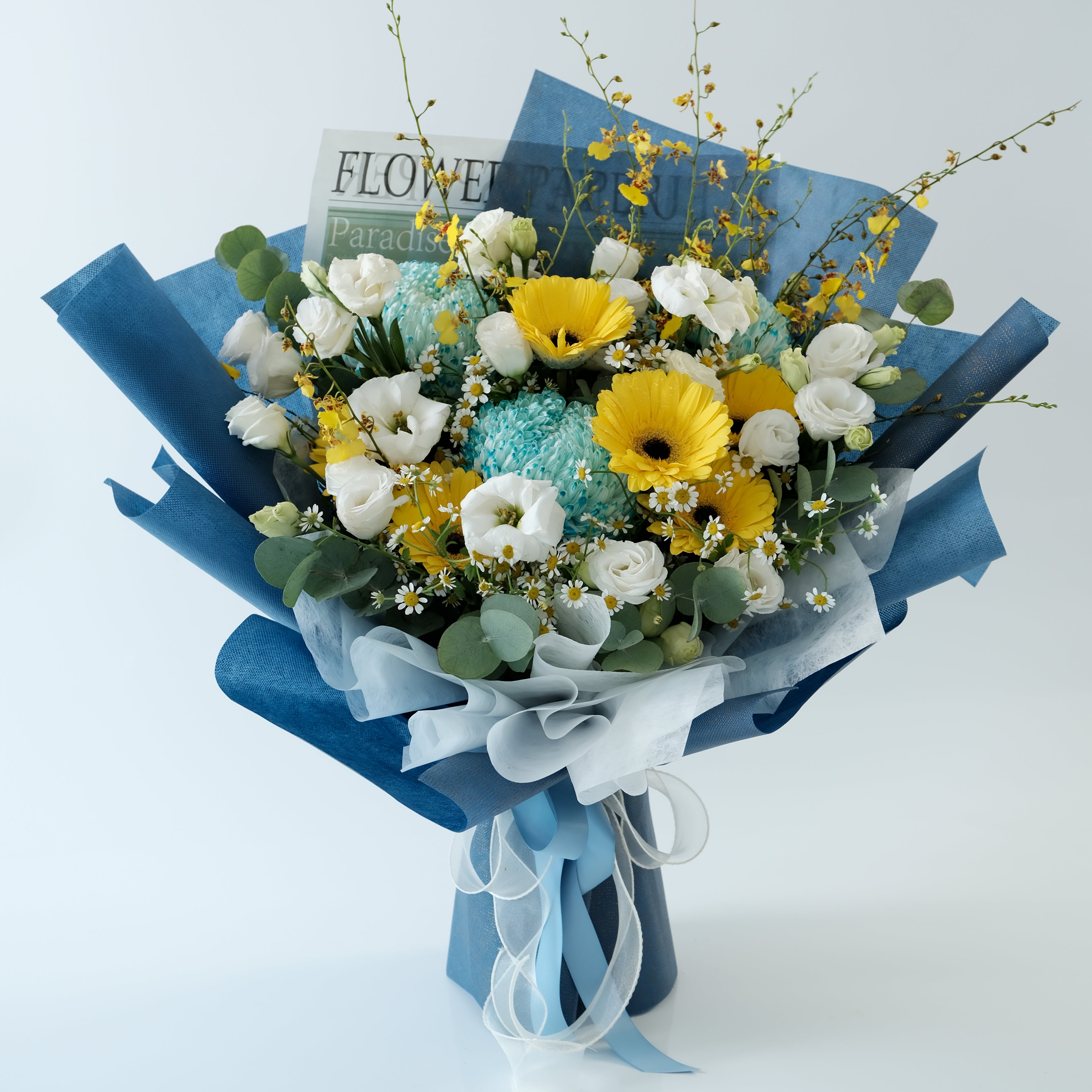 Bouquet of flowers with blue and white ribbons on a light blue background