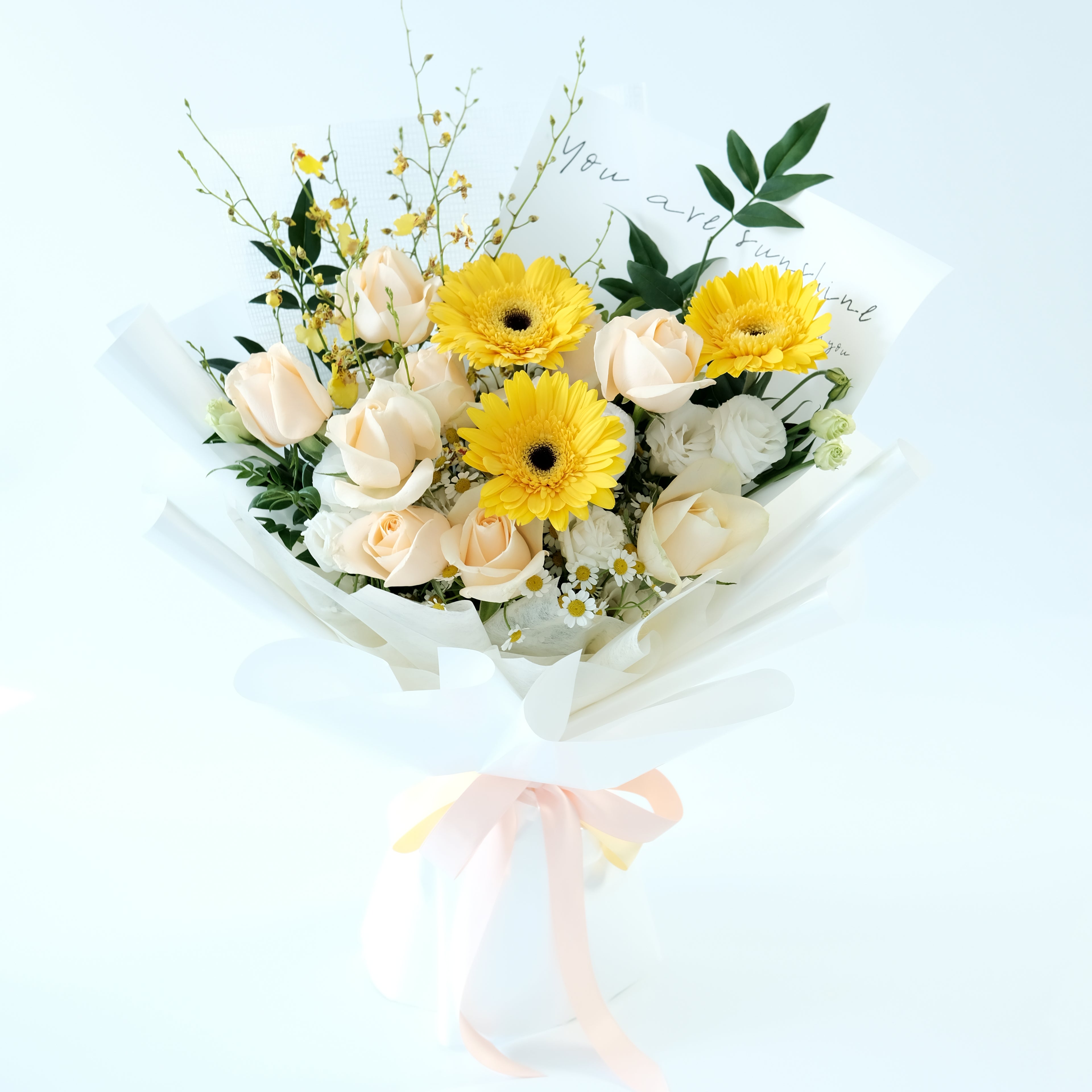 Bouquet of flowers with yellow and white flowers on a light blue background