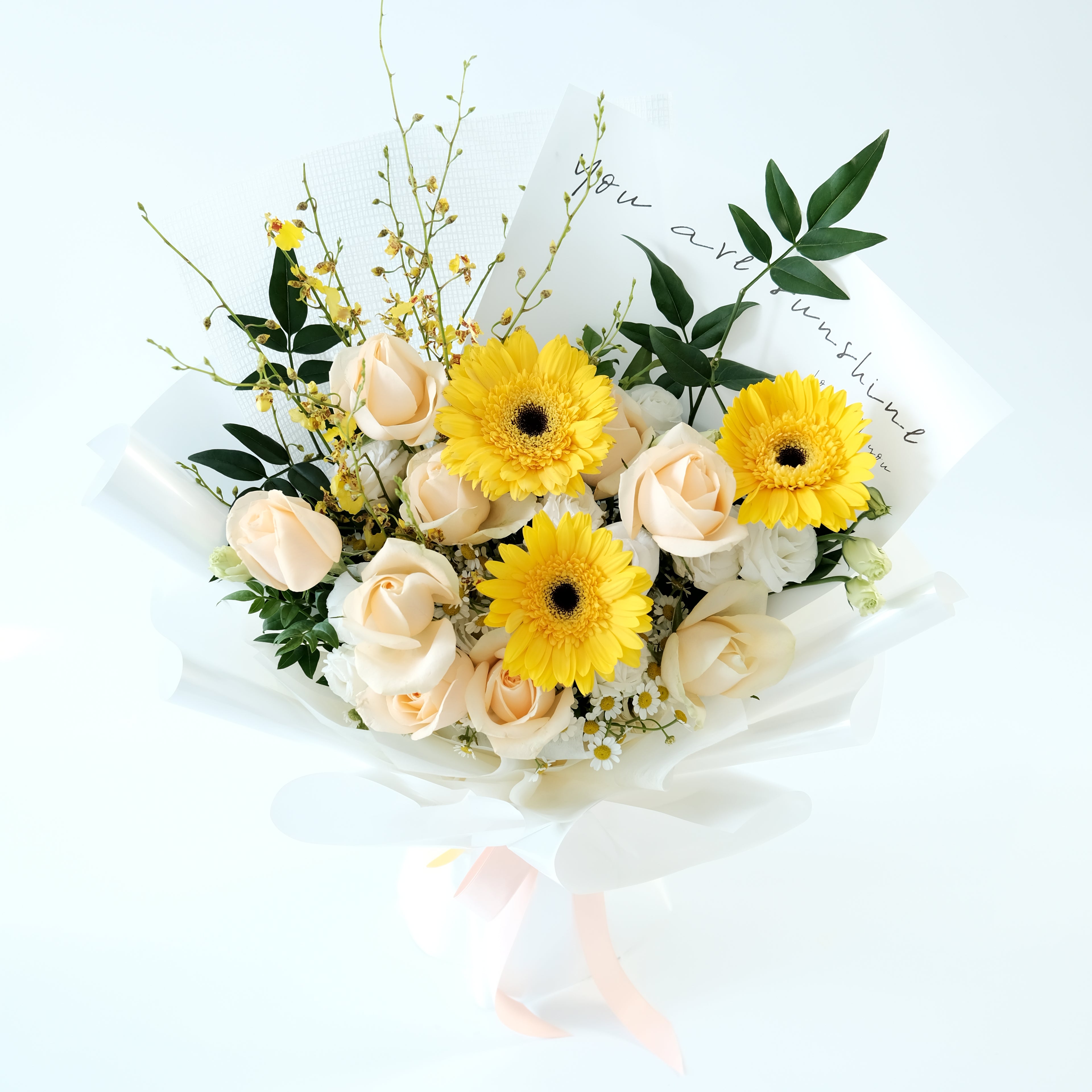 Bouquet of flowers with yellow and white flowers on a light background