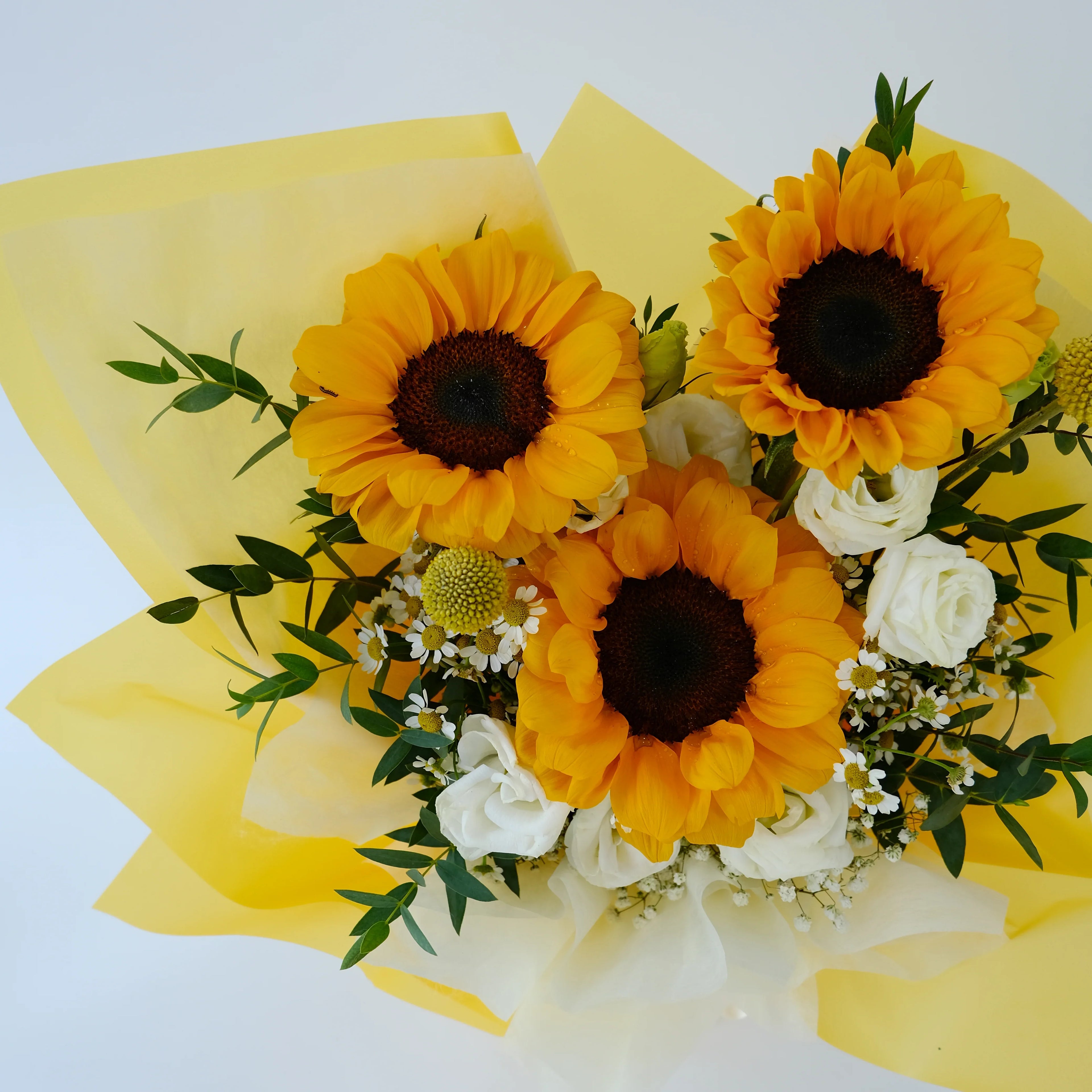 Sunflower bouquet with white roses, greenery, and yellow wrapping paper