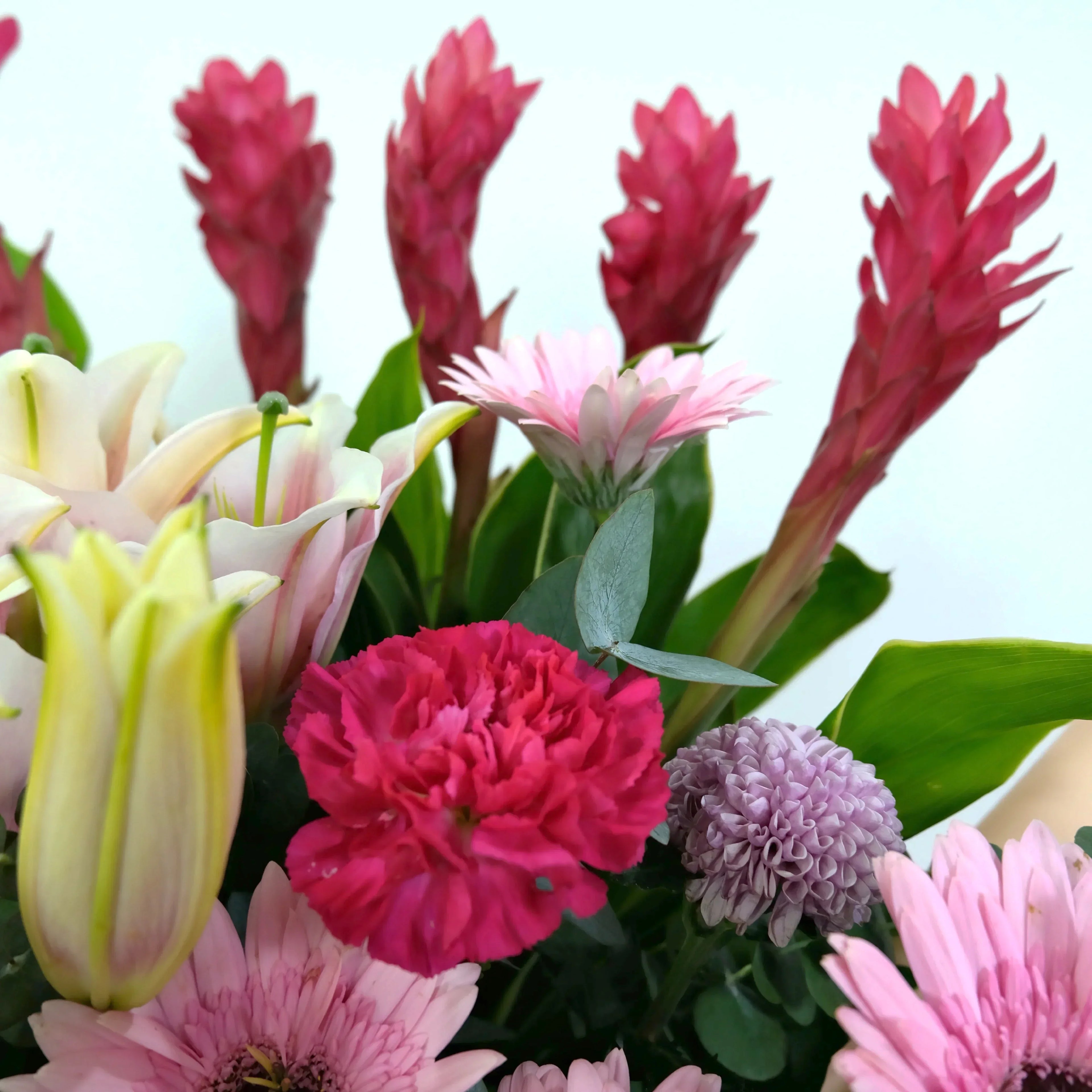 Bouquet of colorful flowers including pink, red, and green.