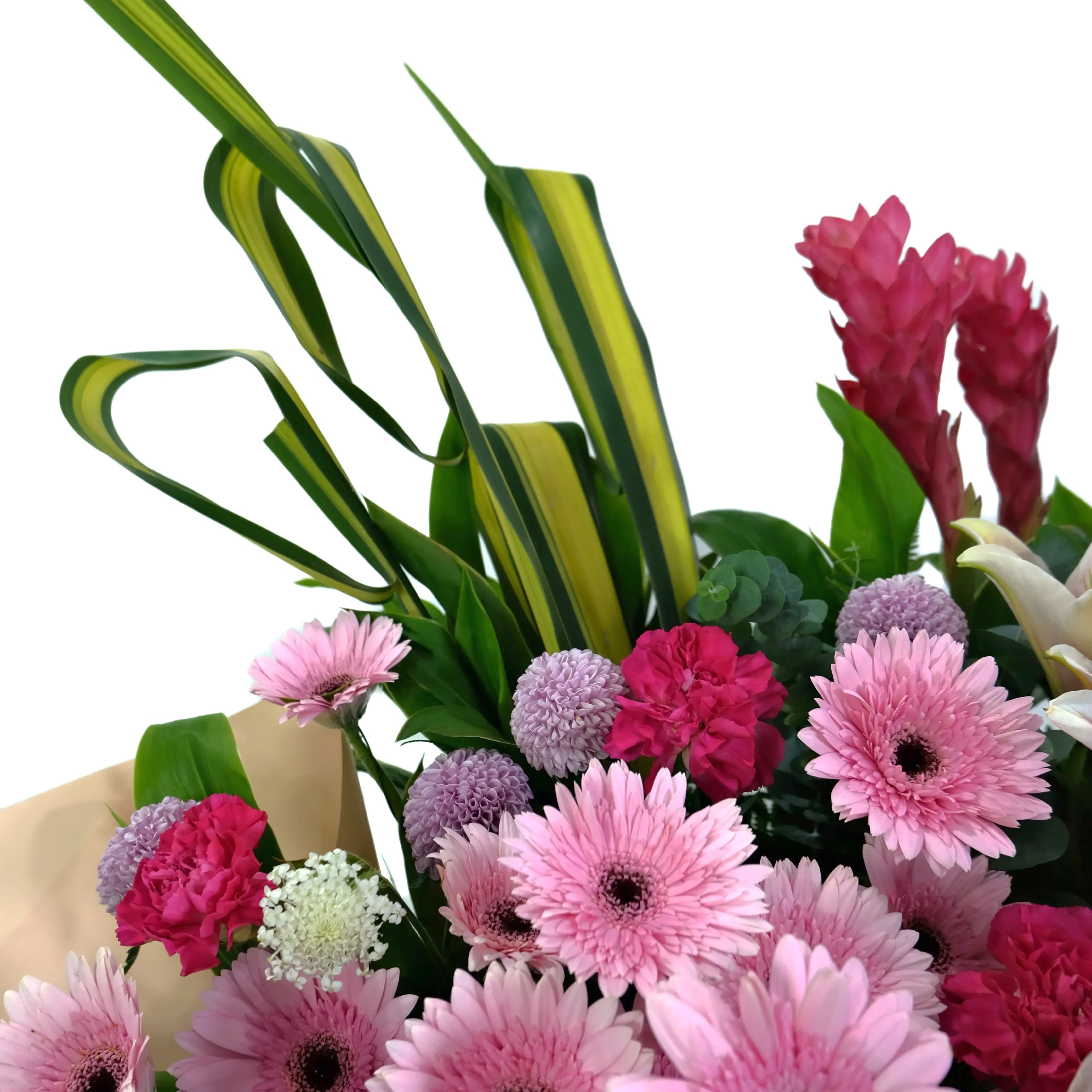 Bouquet of pink and purple flowers with green leaves on a white background