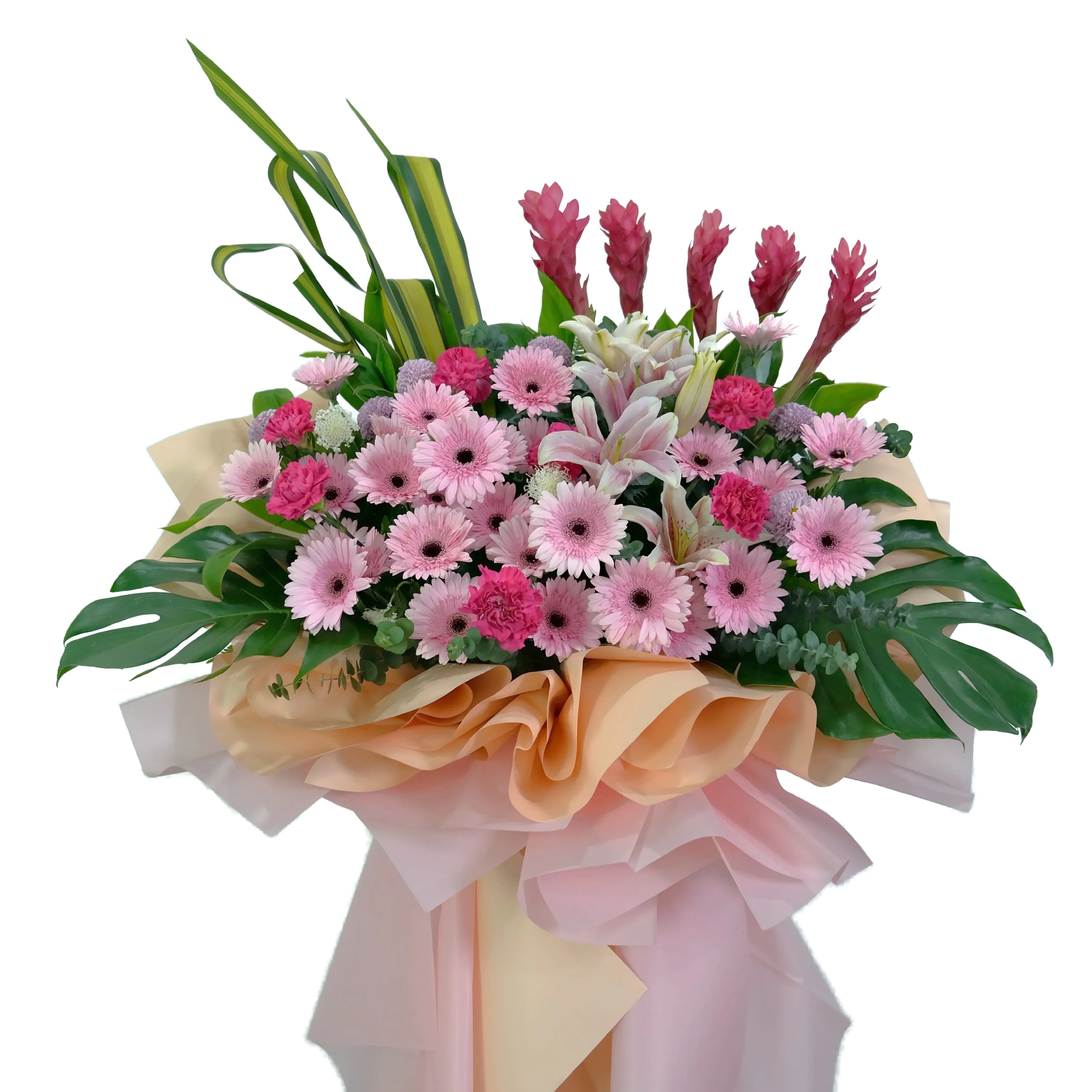 Bouquet of pink and white flowers with green leaves on a white background