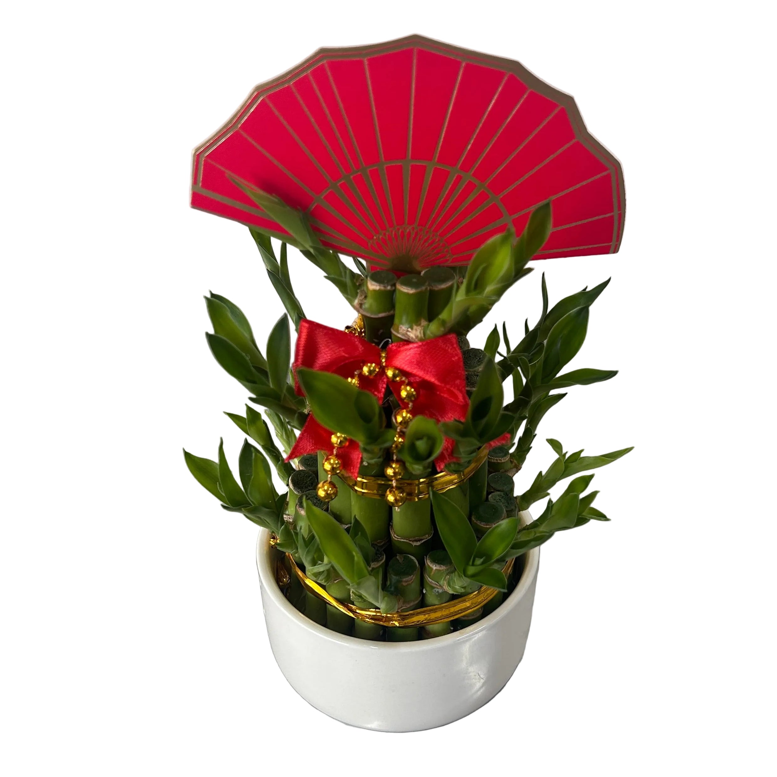 Potted plant with a red umbrella and decorative elements on a gray surface