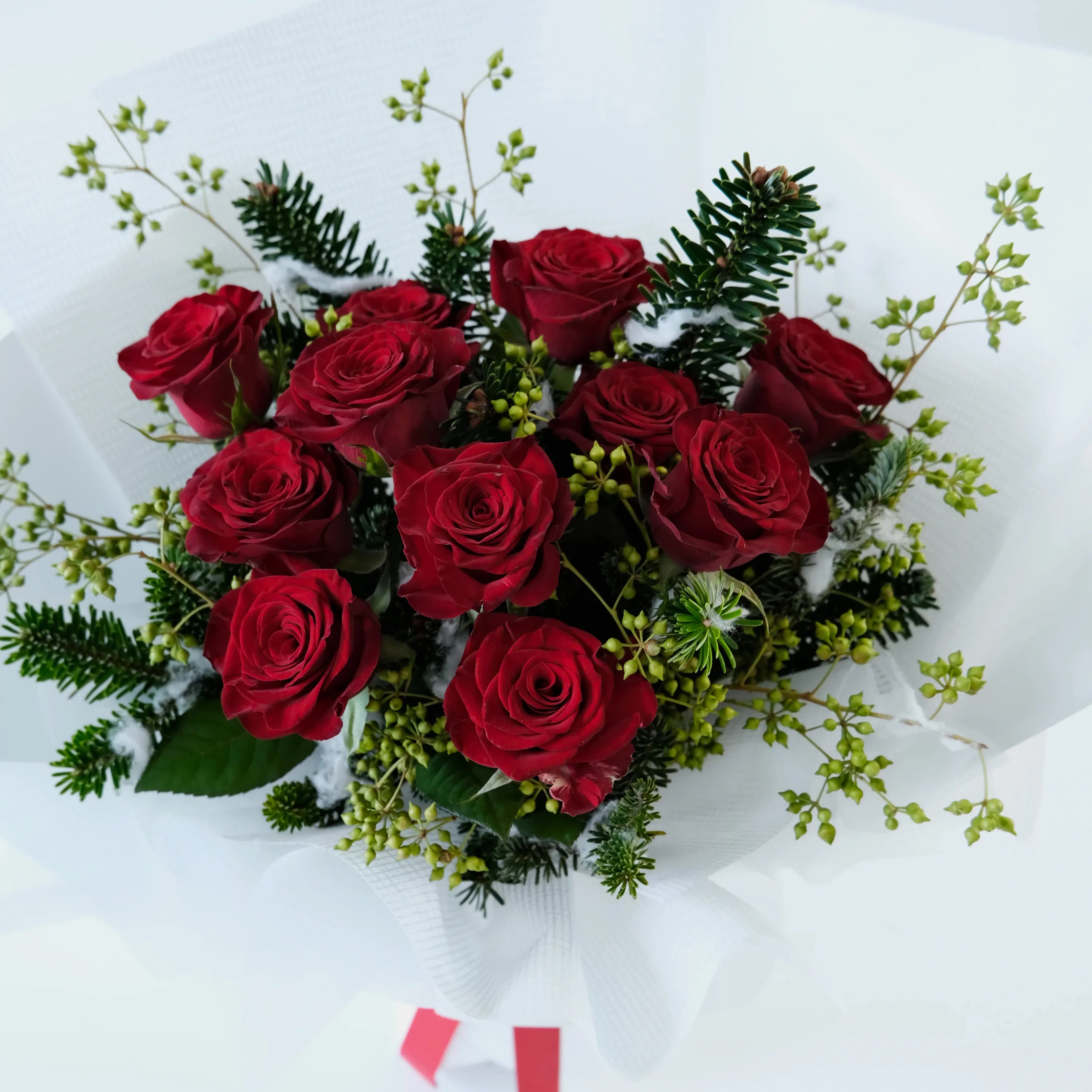 Bouquet of red roses with greenery on a white background