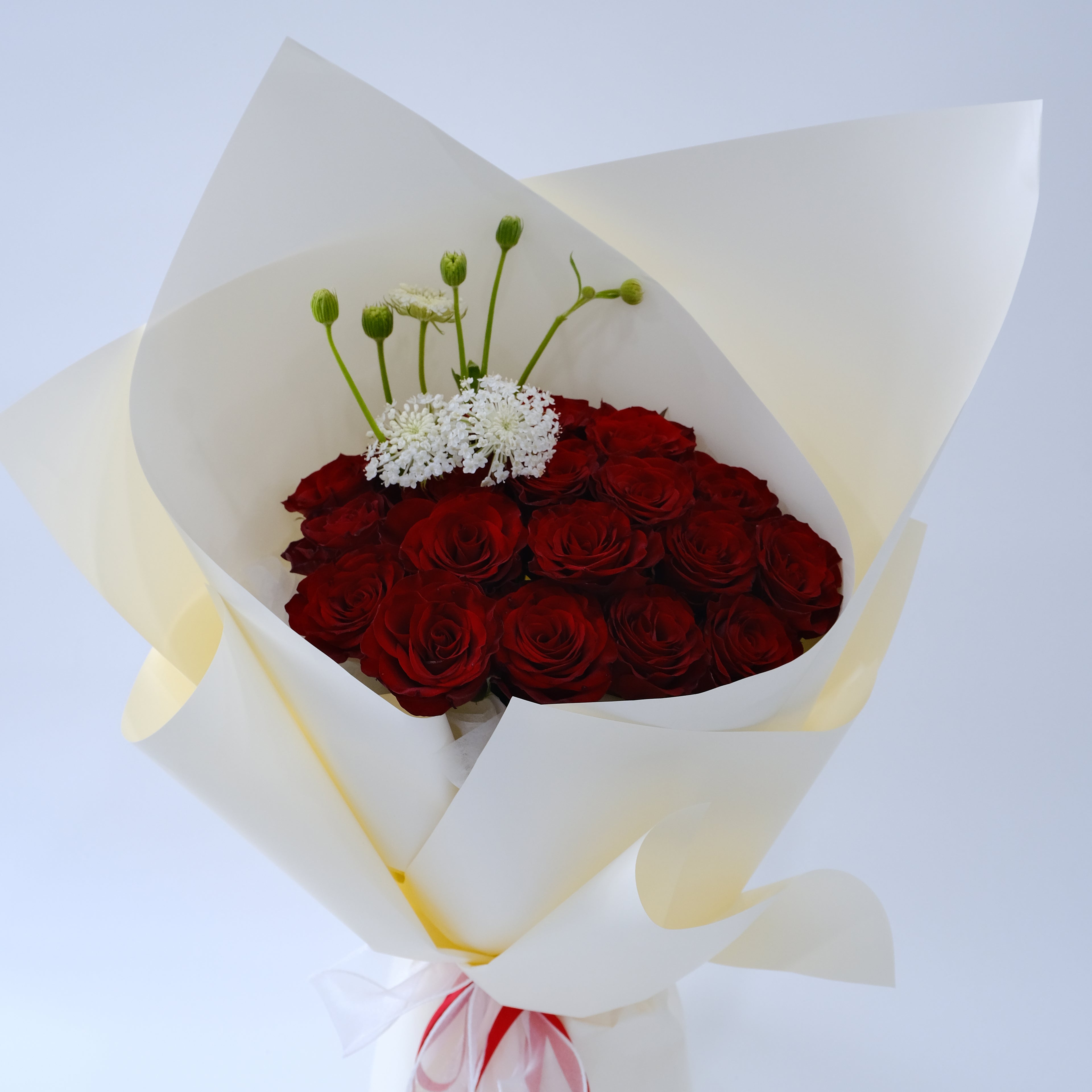 Bouquet of red roses with a white flower wrapped in white paper against a light blue background