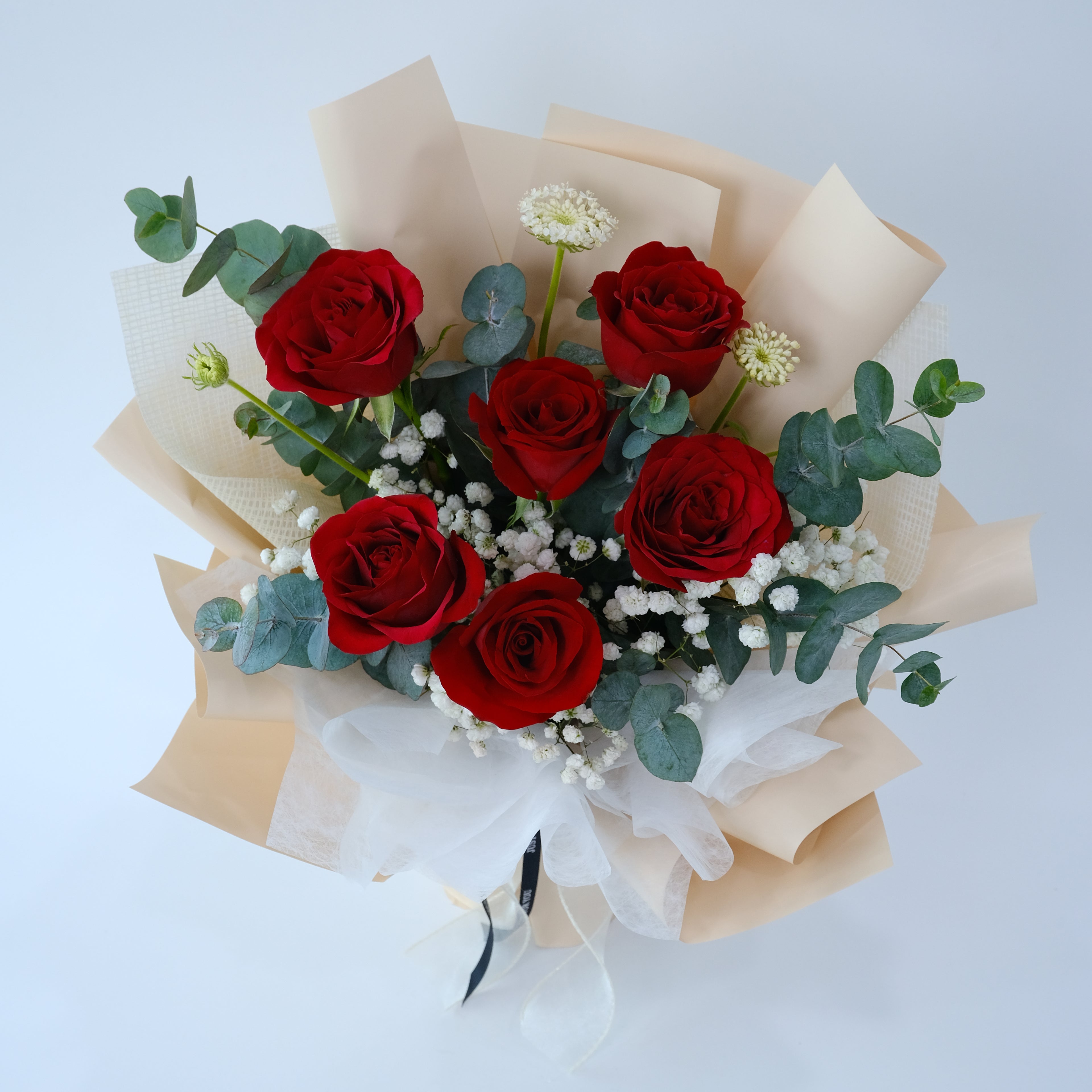 Bouquet of red roses with greenery on a light background