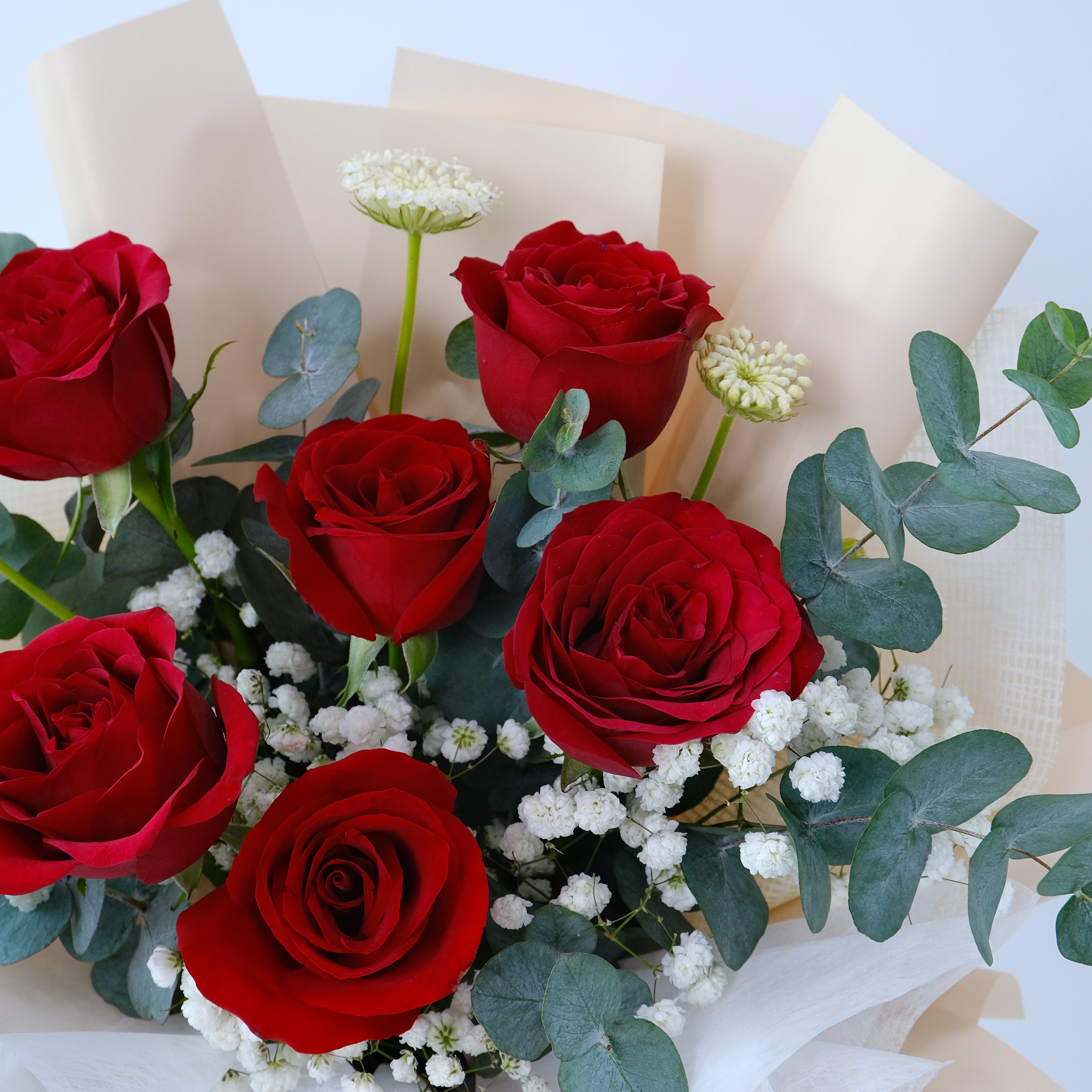 Bouquet of red roses with greenery on a light background