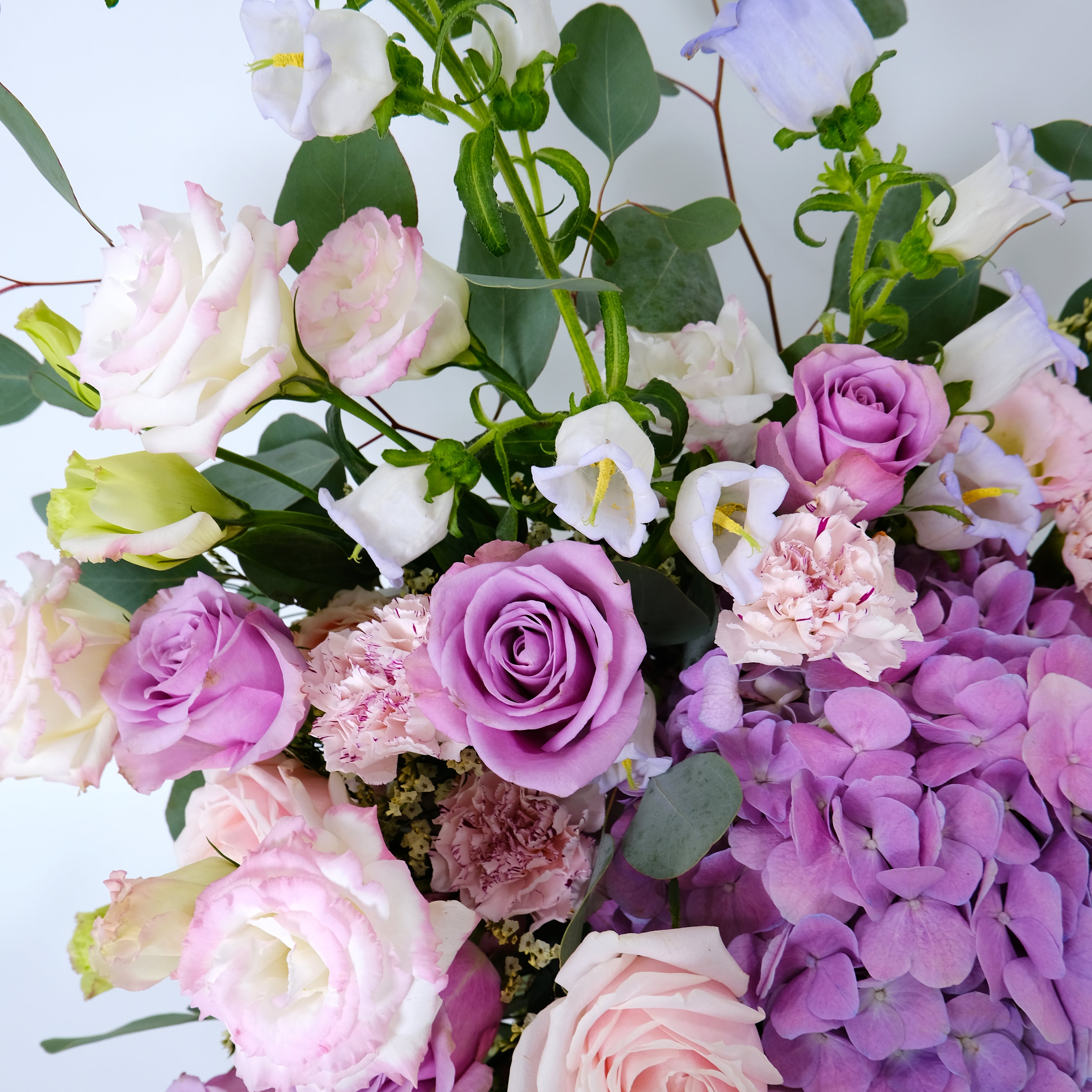 Bouquet of pink, purple, and white flowers with green leaves on a light gray background