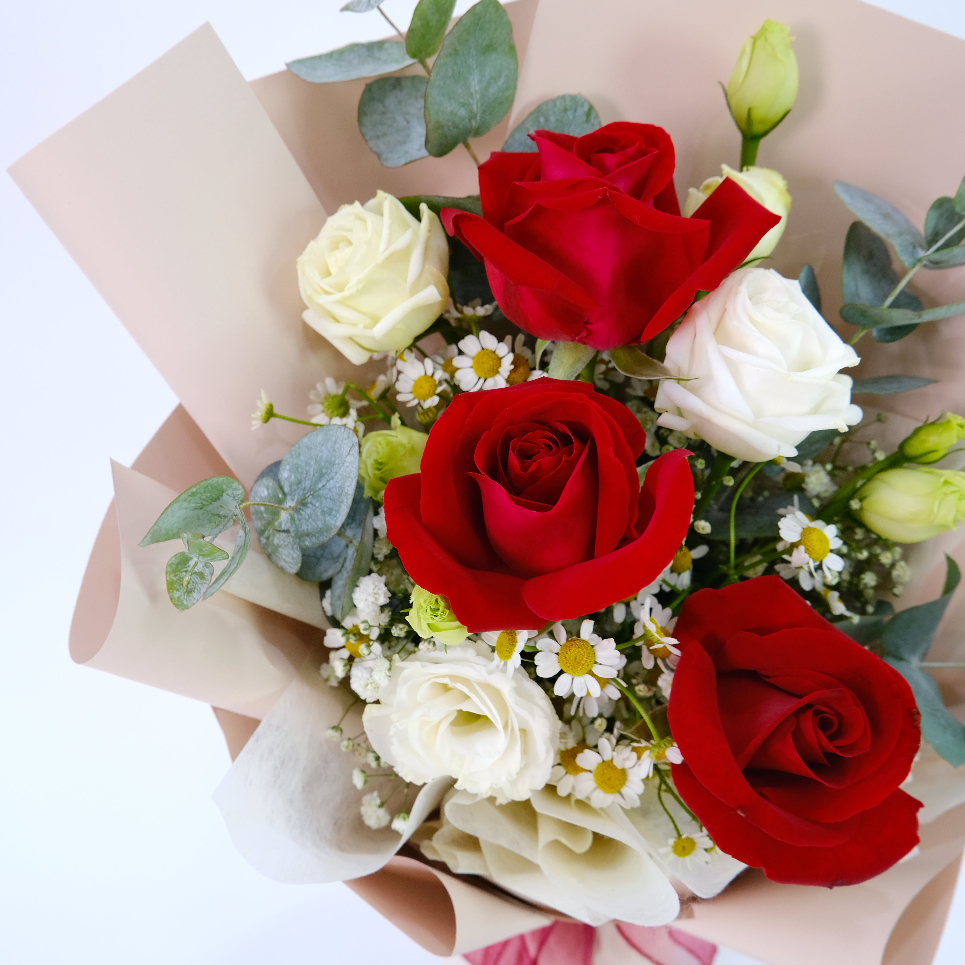 Bouquet of red and white roses with greenery on a light background