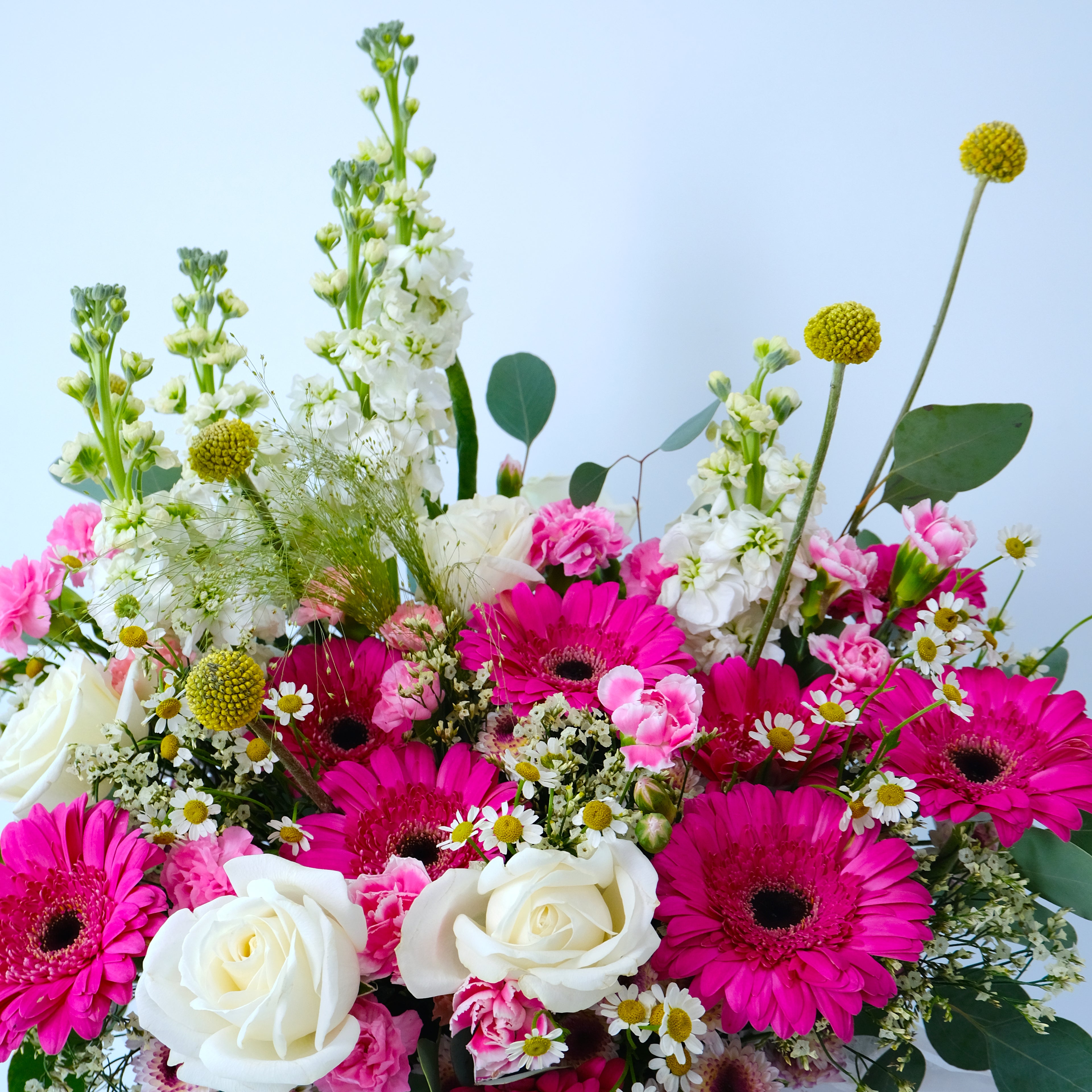 Colorful bouquet of flowers including pink gerberas, white roses, and greenery on a light blue background.