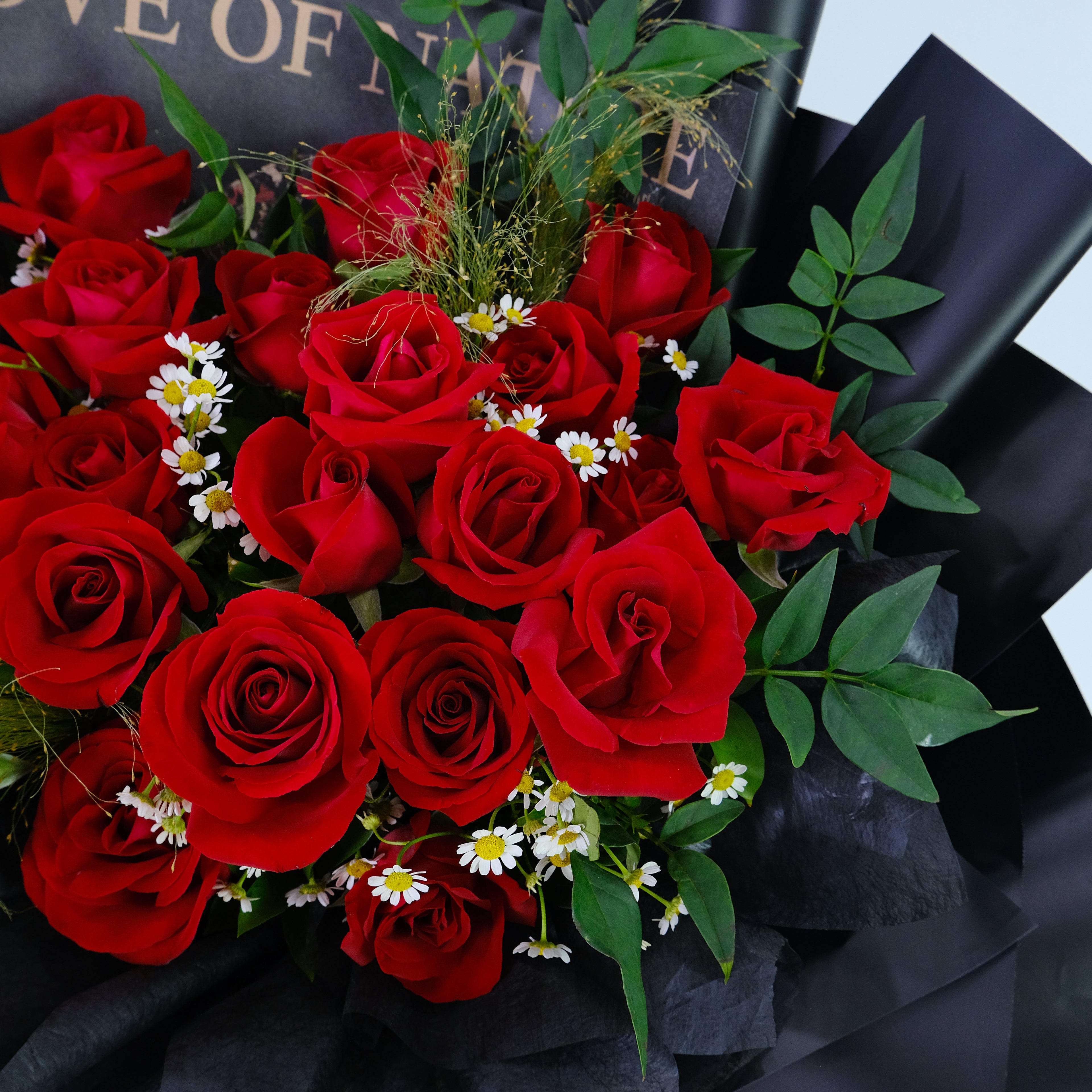 Bouquet of red roses with green leaves and small white flowers on a black background