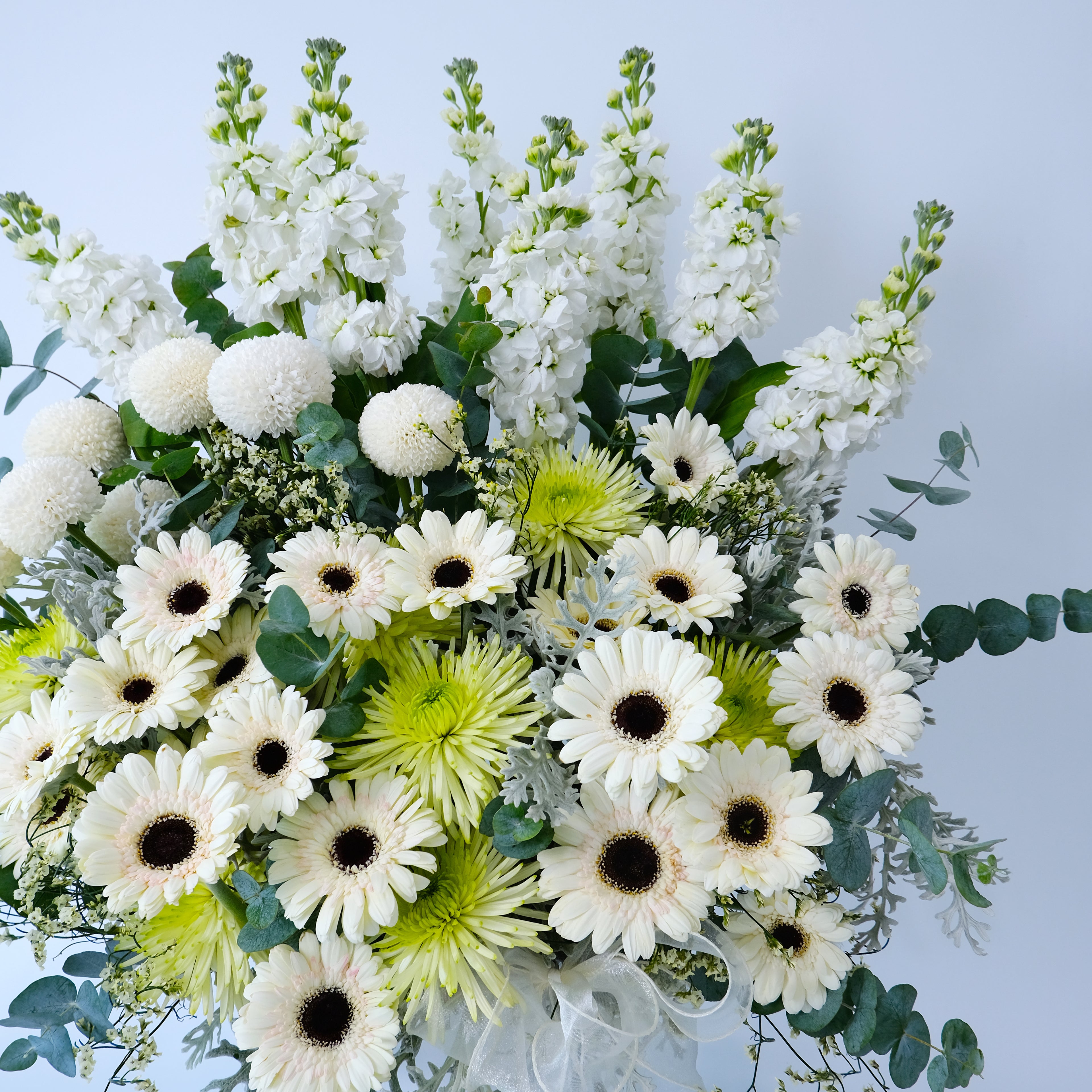 Bouquet of white and green flowers with a light blue background