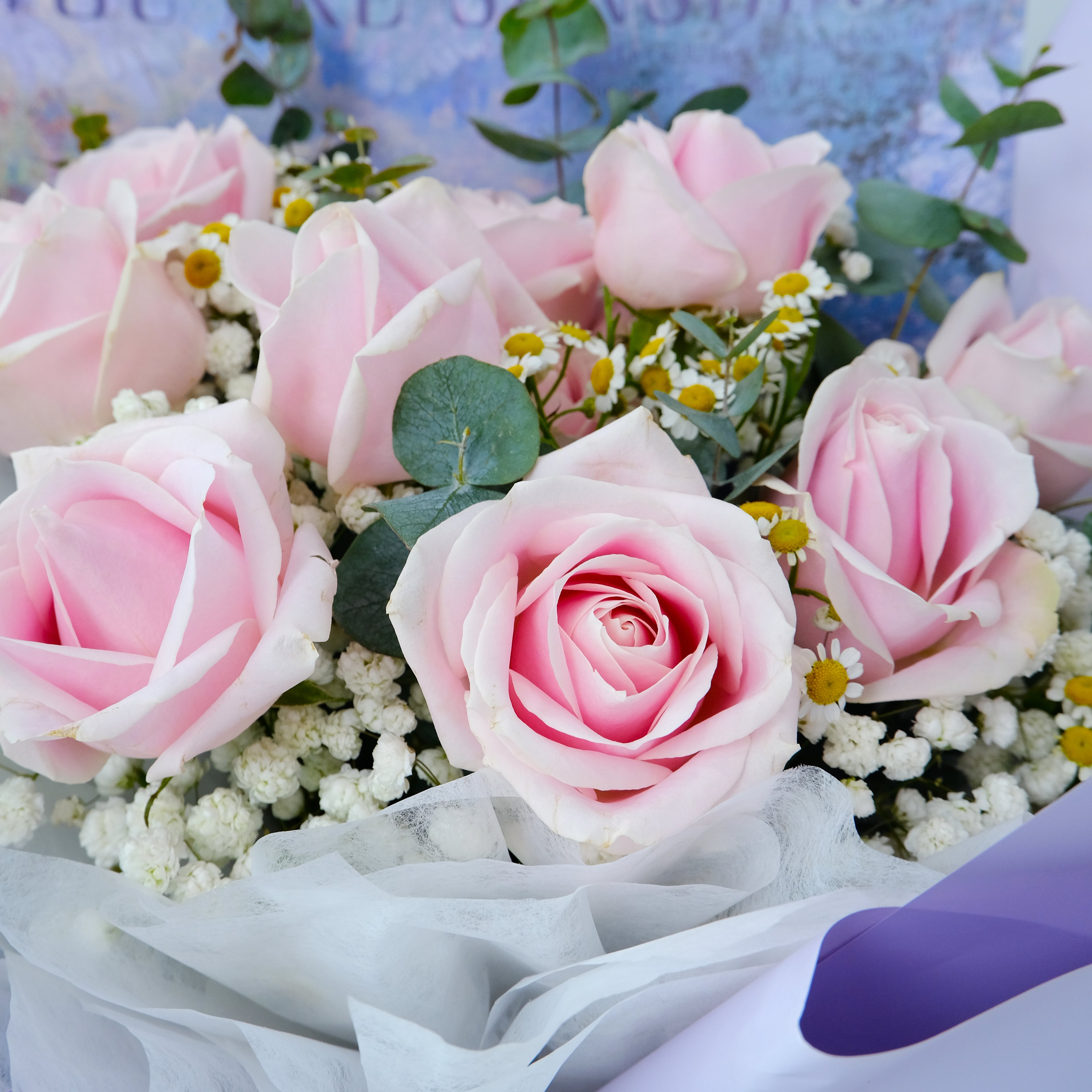 Bouquet of pink roses and white flowers with a blurred background