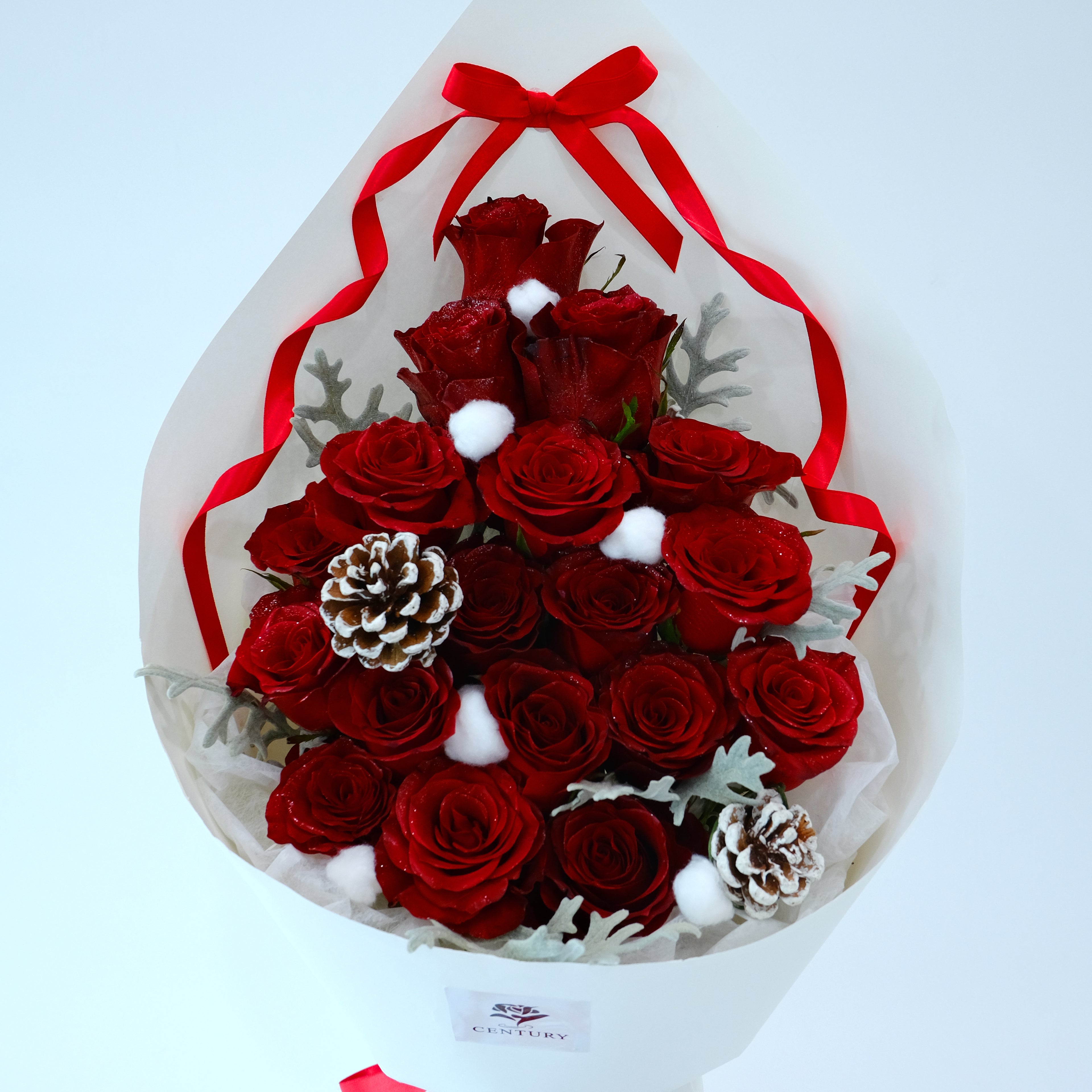 Bouquet of red roses with a red ribbon on a white background